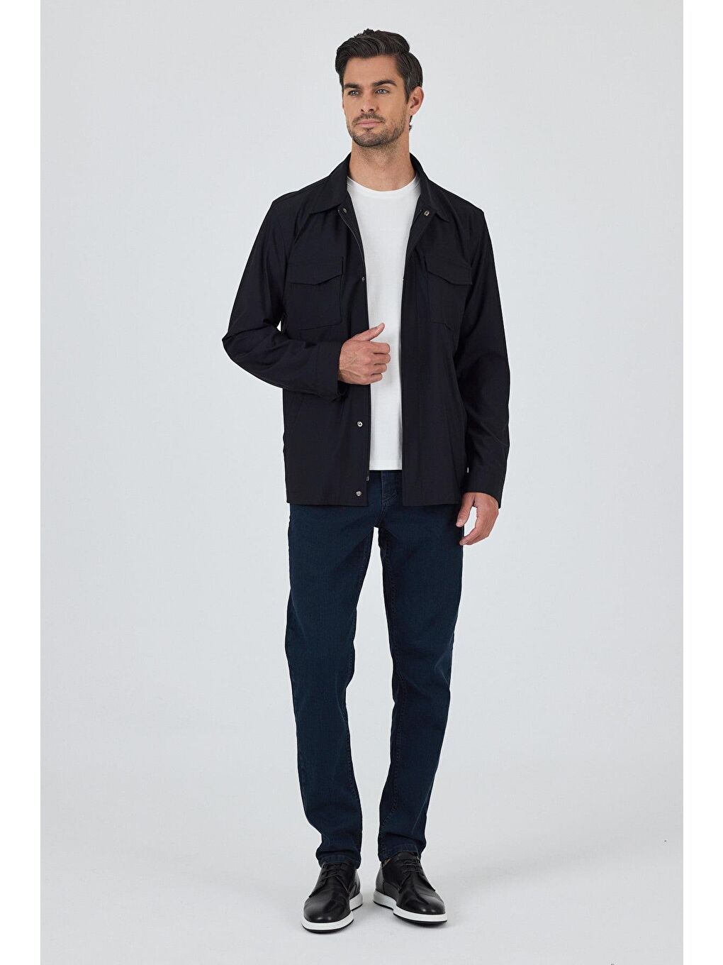 Siyah Düz Gabardin Gömlek Yaka Tam Astar Esnek Standart Fit Ceket 1007250111-1