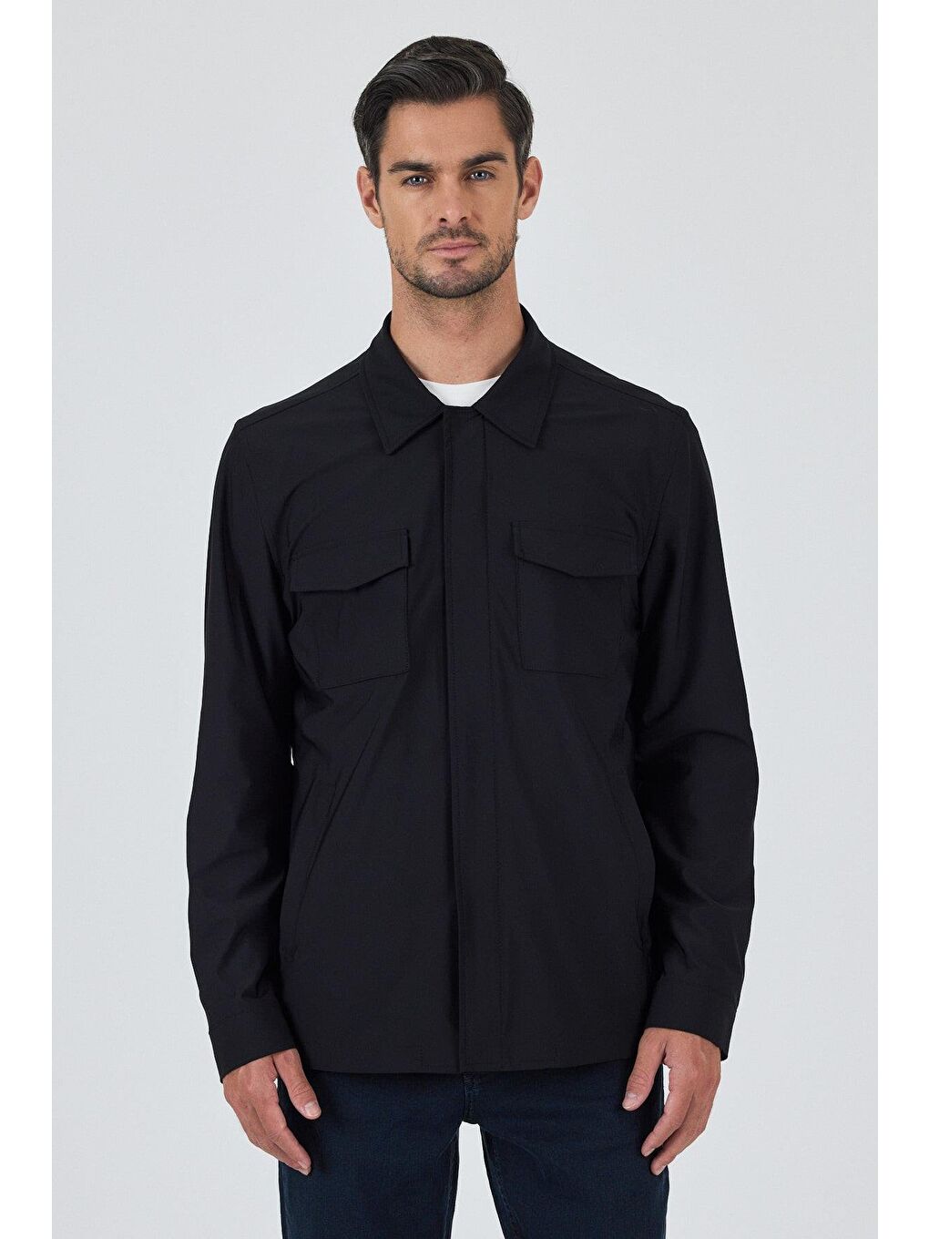 Siyah Düz Gabardin Gömlek Yaka Tam Astar Esnek Standart Fit Ceket 1007250111-2