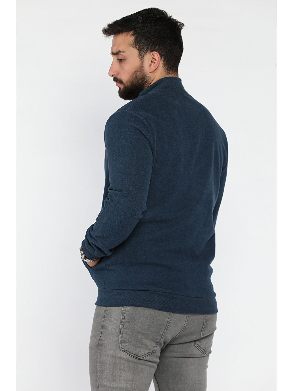 İndigo Selanik Kumaş Fermuarlı Erkek Sweatshirt-2