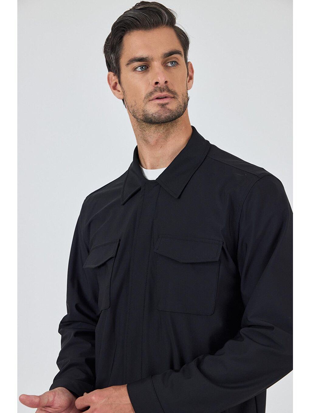 Siyah Düz Gabardin Gömlek Yaka Tam Astar Esnek Standart Fit Ceket 1007250111-3