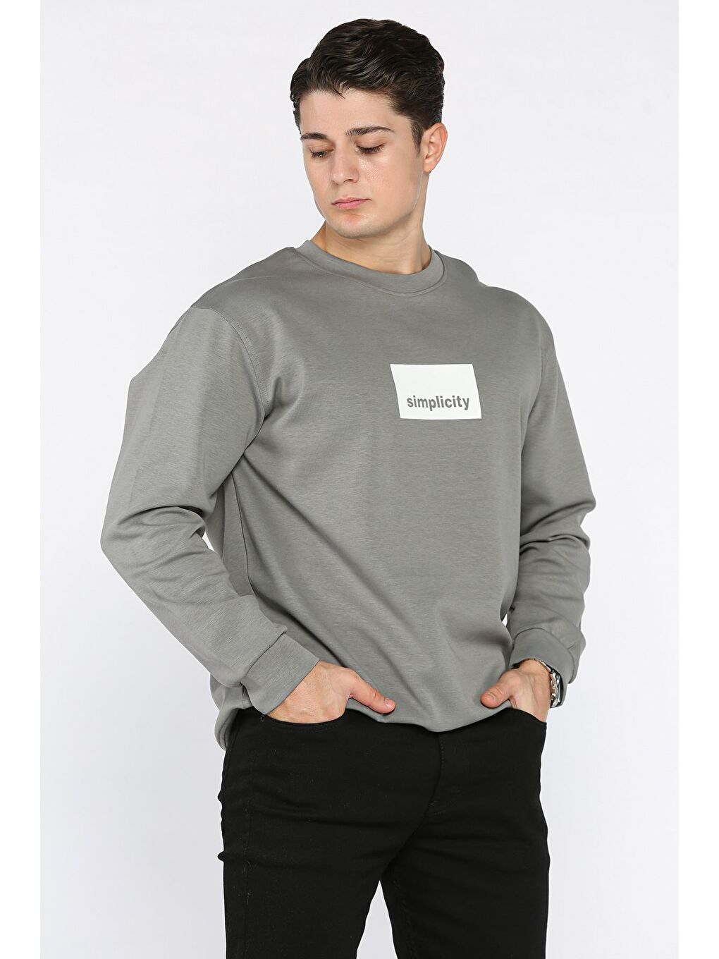 Gri Bisiklet Yaka Double Face Erkek Sweatshirt-1