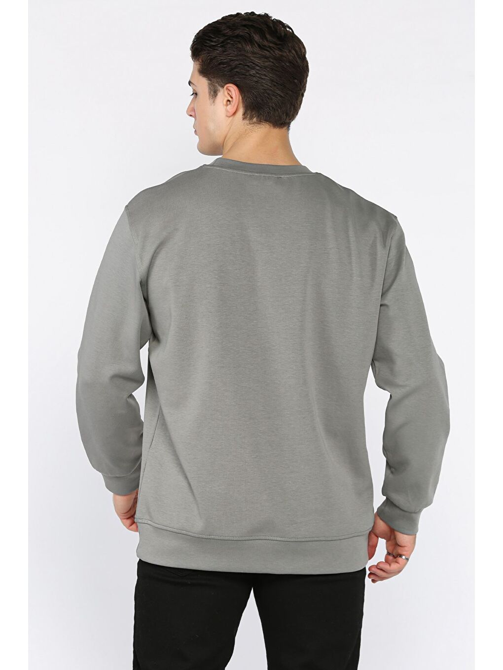 Gri Bisiklet Yaka Double Face Erkek Sweatshirt-2