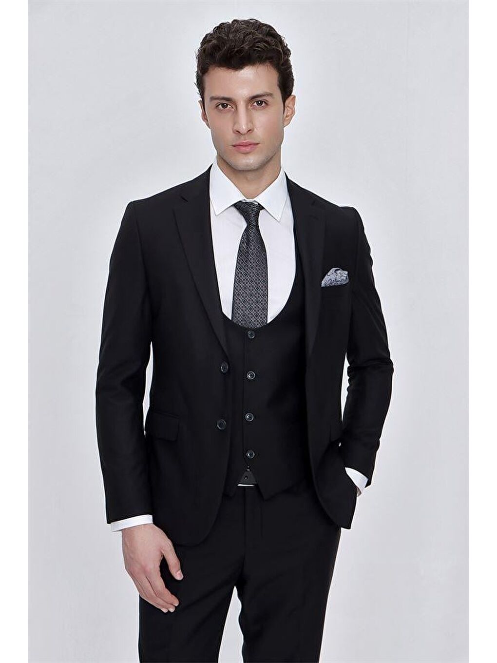 Siyah Mono Yaka Astarlı Yelekli 6 Drop Slim Fit Dar Kesim Takım Elbise 1001225186