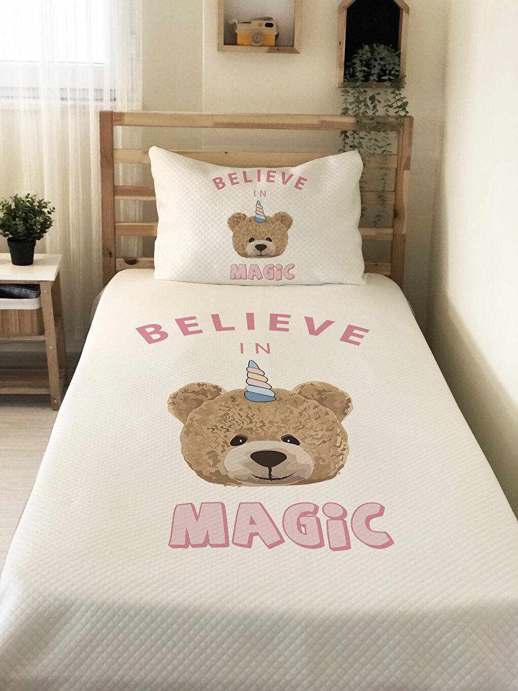 Karışık Teddy Desenli Soft Baskılı Tek Kişilik 160x220 Cm Pike- Beyaz