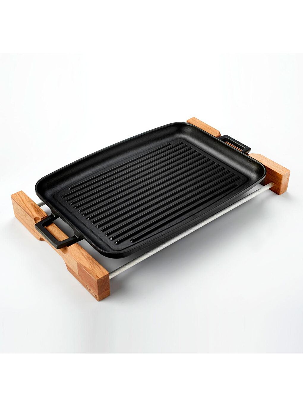 Siyah Dikdörtgen Izgara Tepsi Kayın Servis Ahşabı Döküm Demir Yekpare Çift Kulplu Ölçü 31x42cm.-1