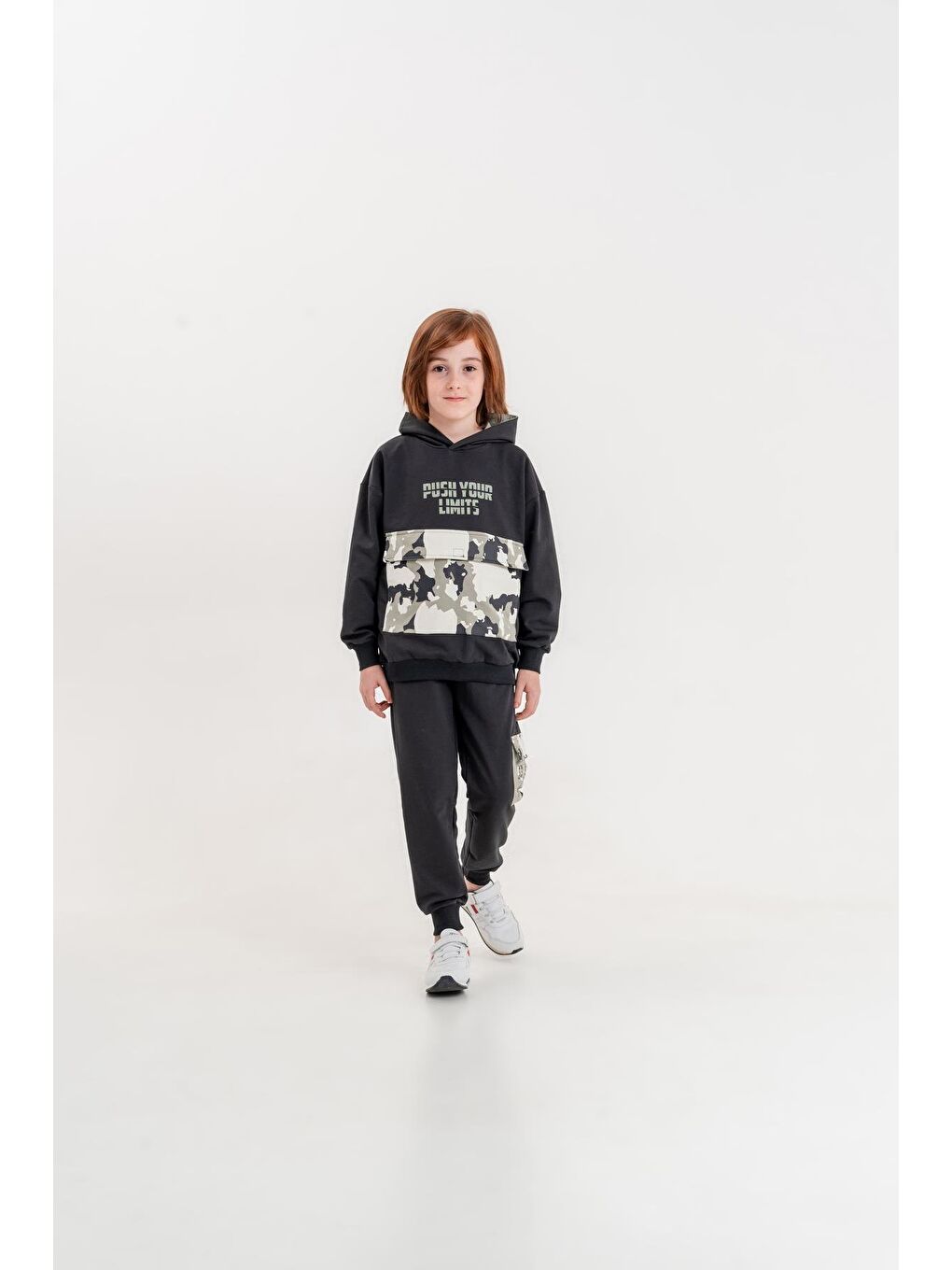 Mışıl Kids Füme Push Your Limits Baskılı Kapüşonlu Erkek Çocuk Genç Sweatshirt Eşofman Takımı