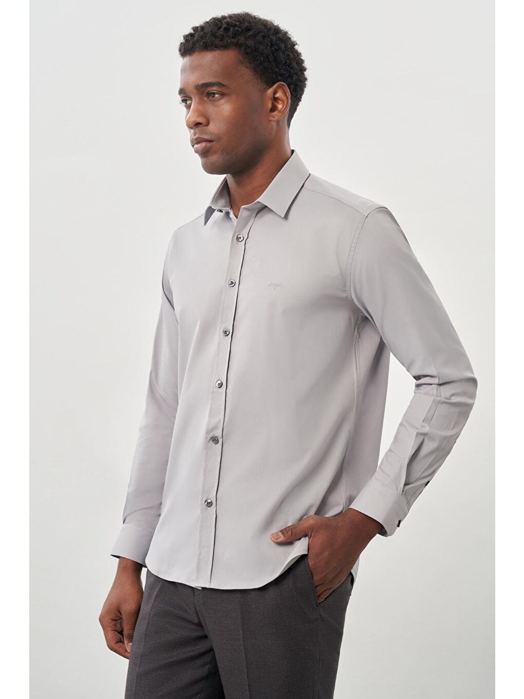 Gri Uzun Kollu Sert Yaka Cepsiz Pamuklu Elastanlı Klasik Slim Fit Dar Kesim Gömlek 1004245234-2