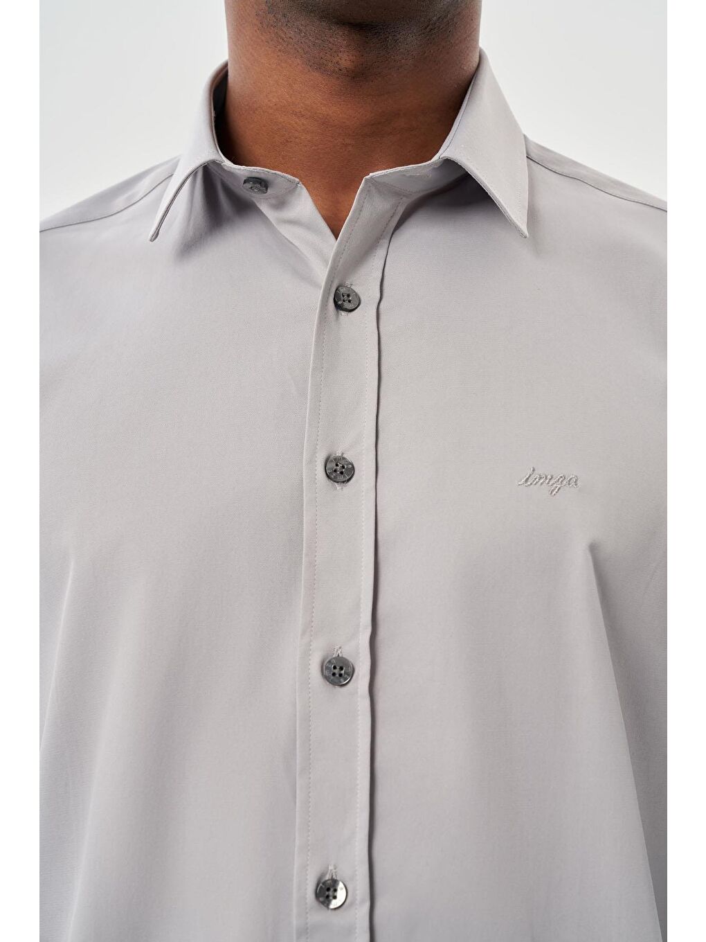Gri Uzun Kollu Sert Yaka Cepsiz Pamuklu Elastanlı Klasik Slim Fit Dar Kesim Gömlek 1004245234-3