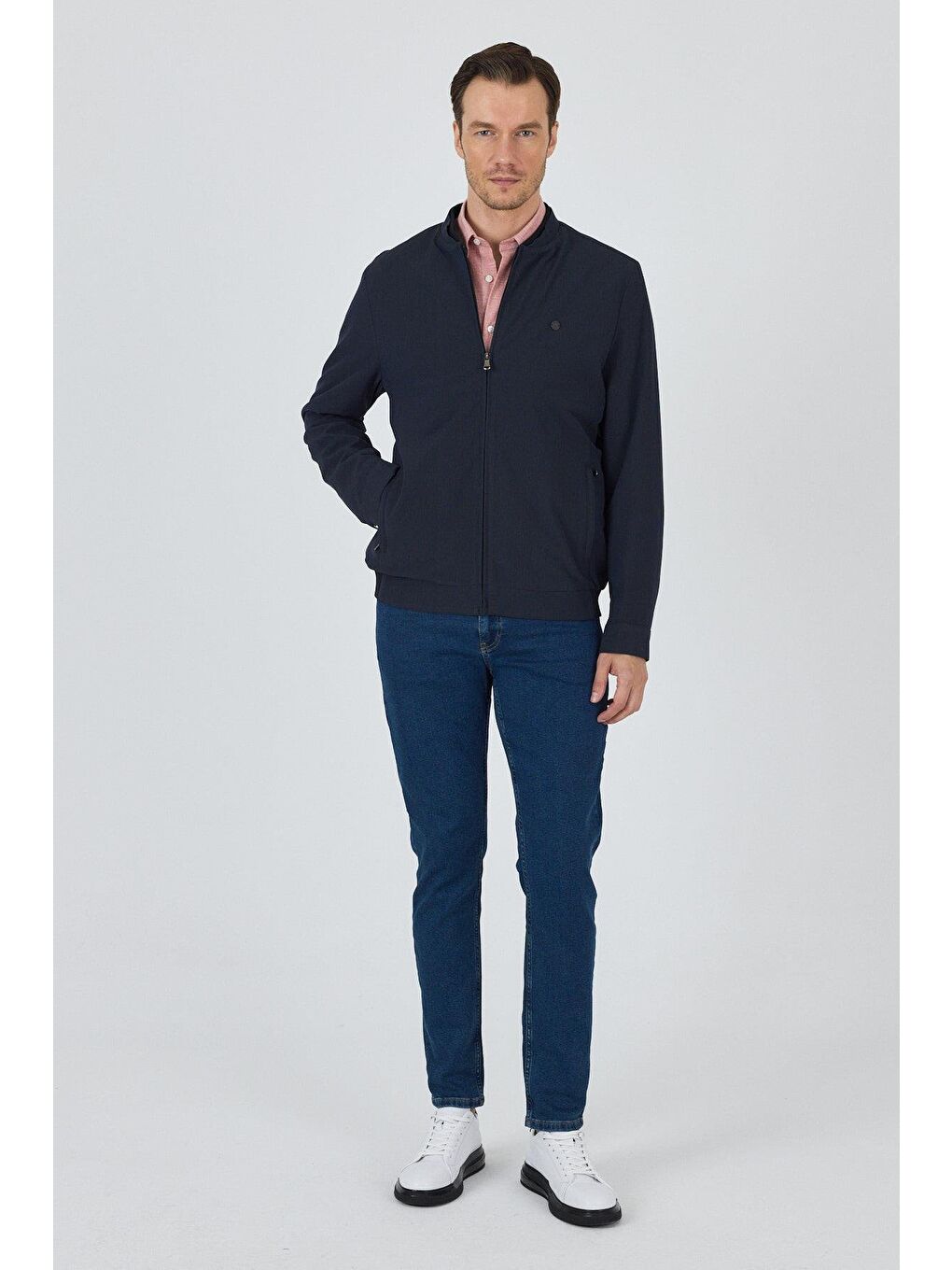 Lacivert Düz Gofreli Kolej Yaka Yarım Astar Esnek Standart Fit Mont 1007250109-1