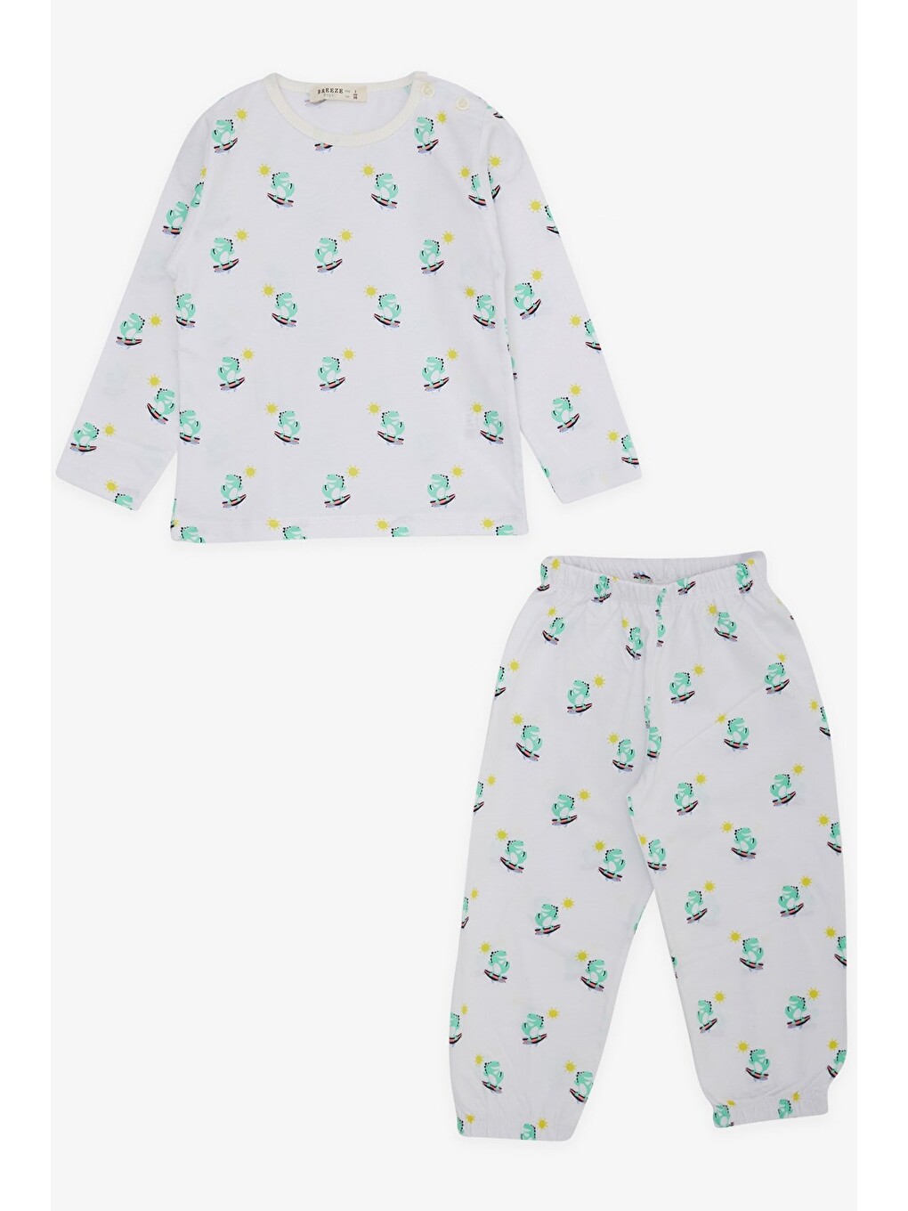 Erkek Bebek Pijama Takımı Sörfçü Dinozor Desenli Beyaz (9 Ay)