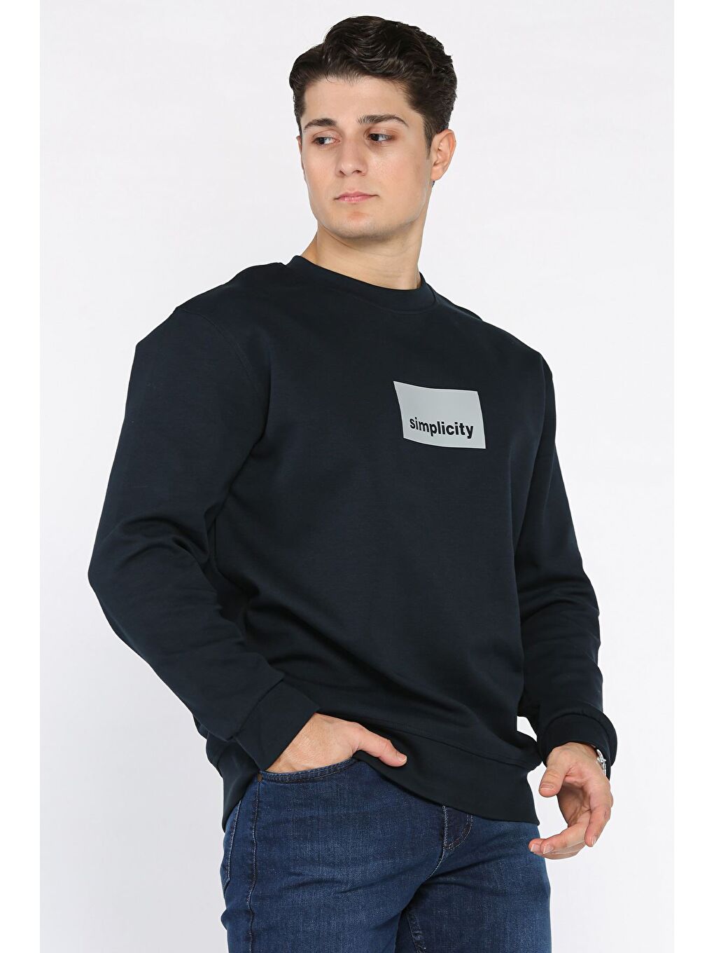 Lacivert Bisiklet Yaka Double Face Erkek Sweatshirt-1
