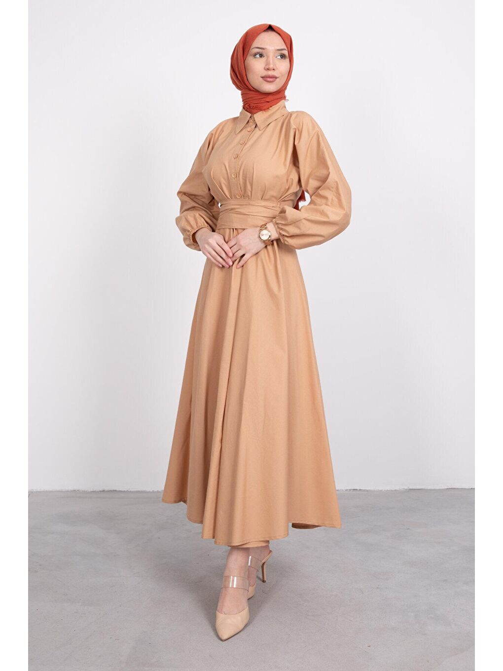Bej Gömlek Yaka Düğmeli Kloş Tesettür Kadın Elbise-2