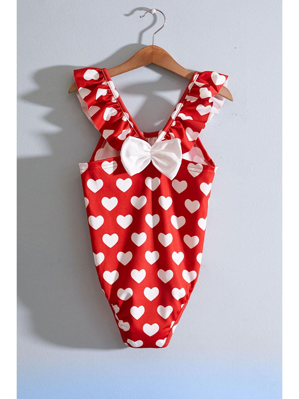 Kırmızı Kalp Desenli Sırtı Fiyonklu Kız Çocuk Mayo 19036-3