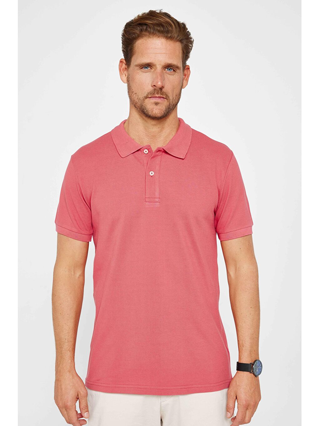 TUDORS Pudra Pembe Erkek Slim Fit Dar Kesim %100 Pamuk Düz Pike Pudra Renk Polo Yaka Tişört - 1