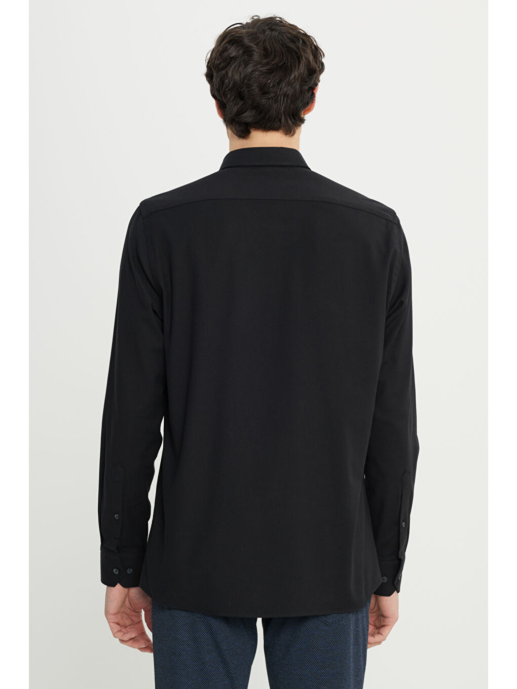 Erkek Siyah Pamuklu Gabardin Slim Fit Dar Kesim Düğmeli Yaka Esnek Gömlek-5