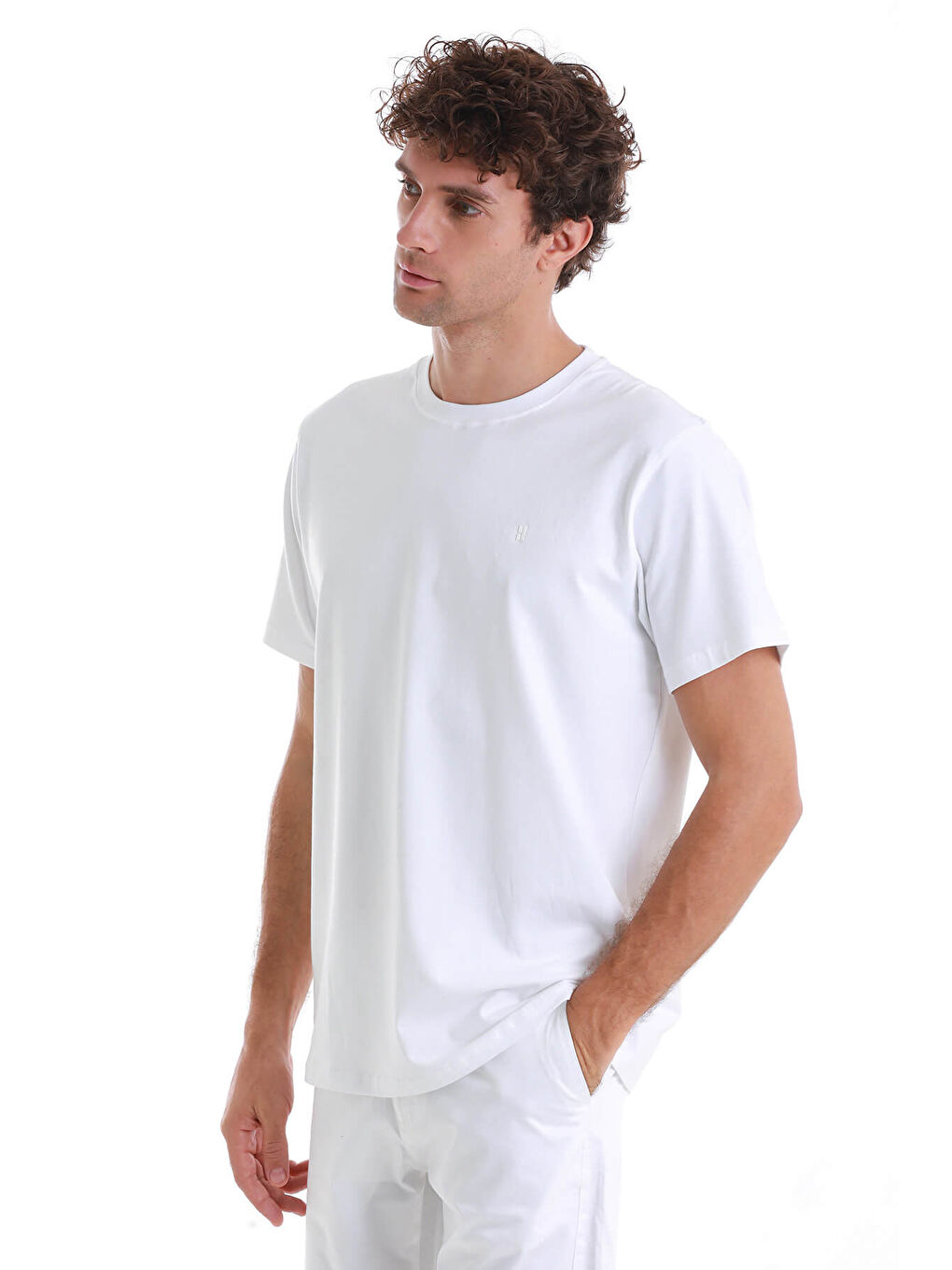 Beyaz Regular Fit Düz Pamuklu Bisiklet Yaka Triko Tişört-2