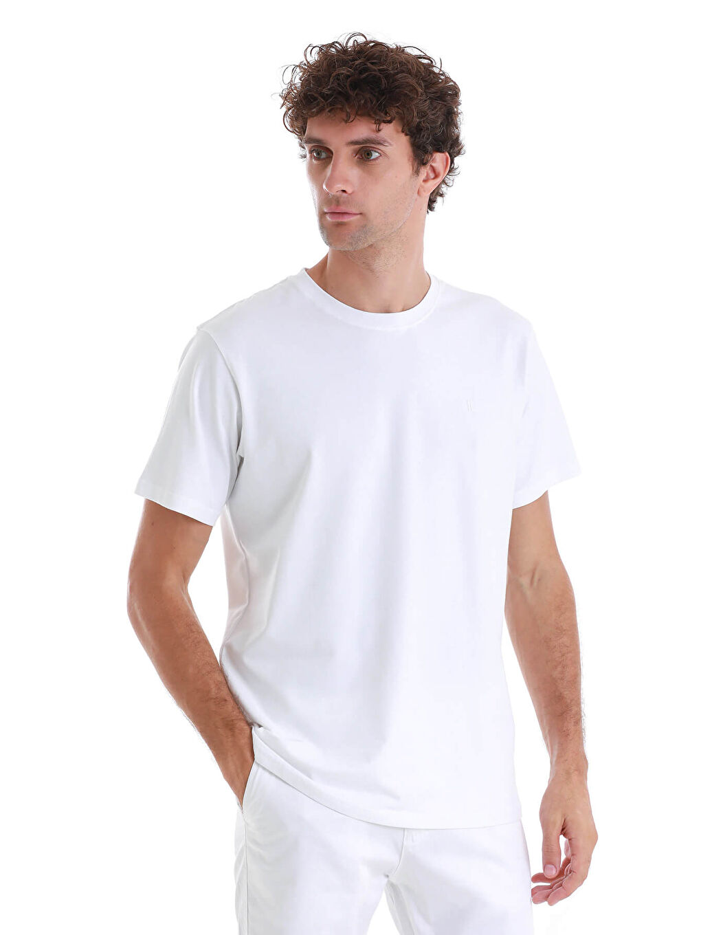 Beyaz Regular Fit Düz Pamuklu Bisiklet Yaka Triko Tişört-3