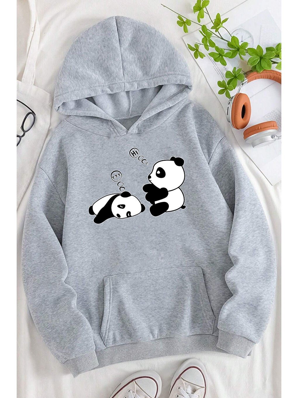 uyguntarz Gri Unisex Panda Baskılı Oversize Sweatshirt