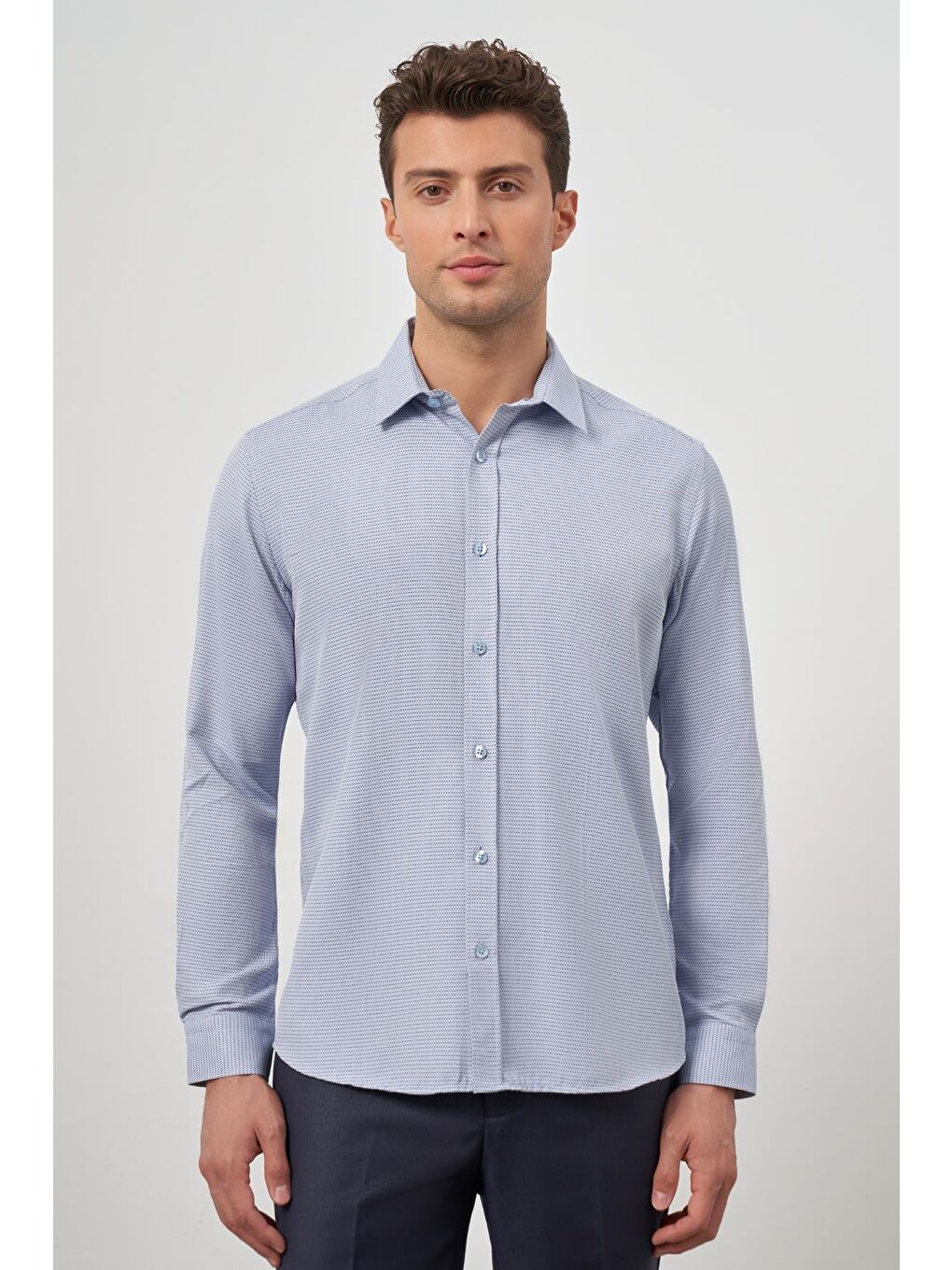 Koyu Mavi Uzun Kol Kendinden Armürlü Cepsiz Pamuklu Classic Slim Fit Gömlek 1004245161