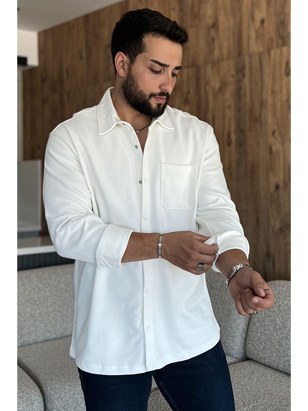 Ekru Çıtçıtlı Cepli Erkek Pike Gömlek