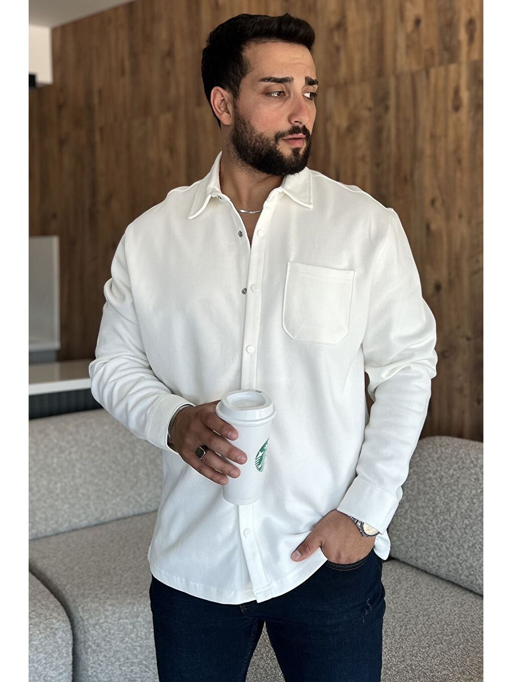 Ekru Çıtçıtlı Cepli Erkek Pike Gömlek-1