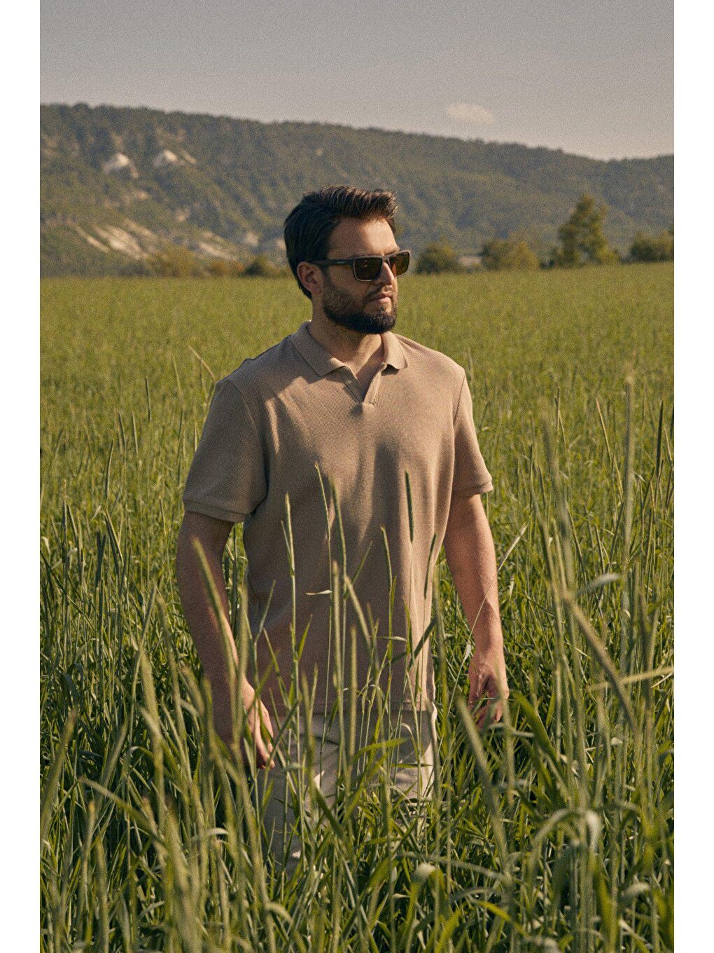 Bej Waffle Polo Yaka Tişört-4