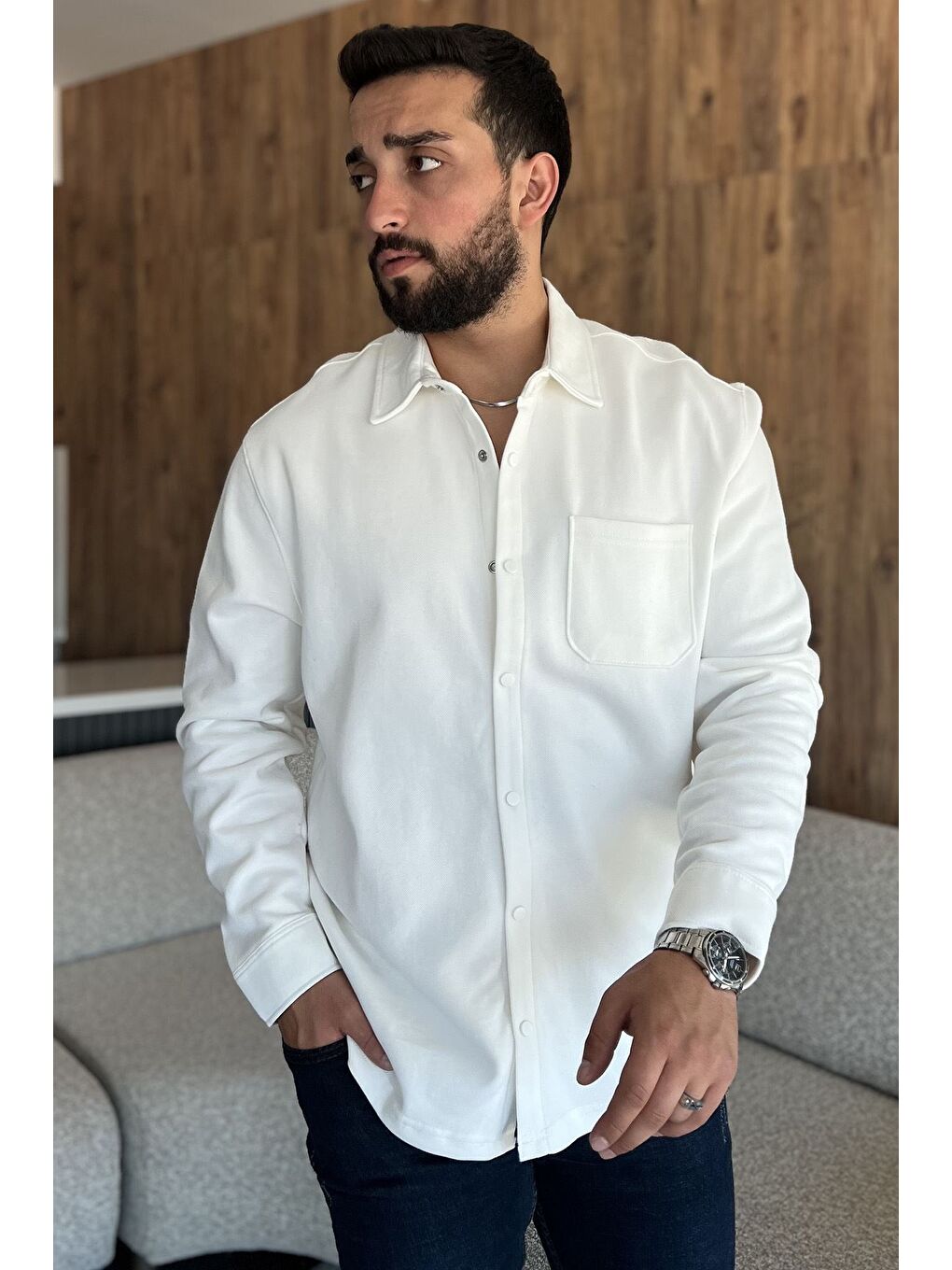 Ekru Çıtçıtlı Cepli Erkek Pike Gömlek-2