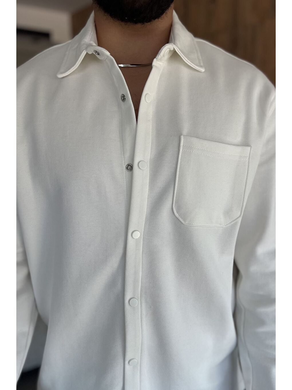 Ekru Çıtçıtlı Cepli Erkek Pike Gömlek-3