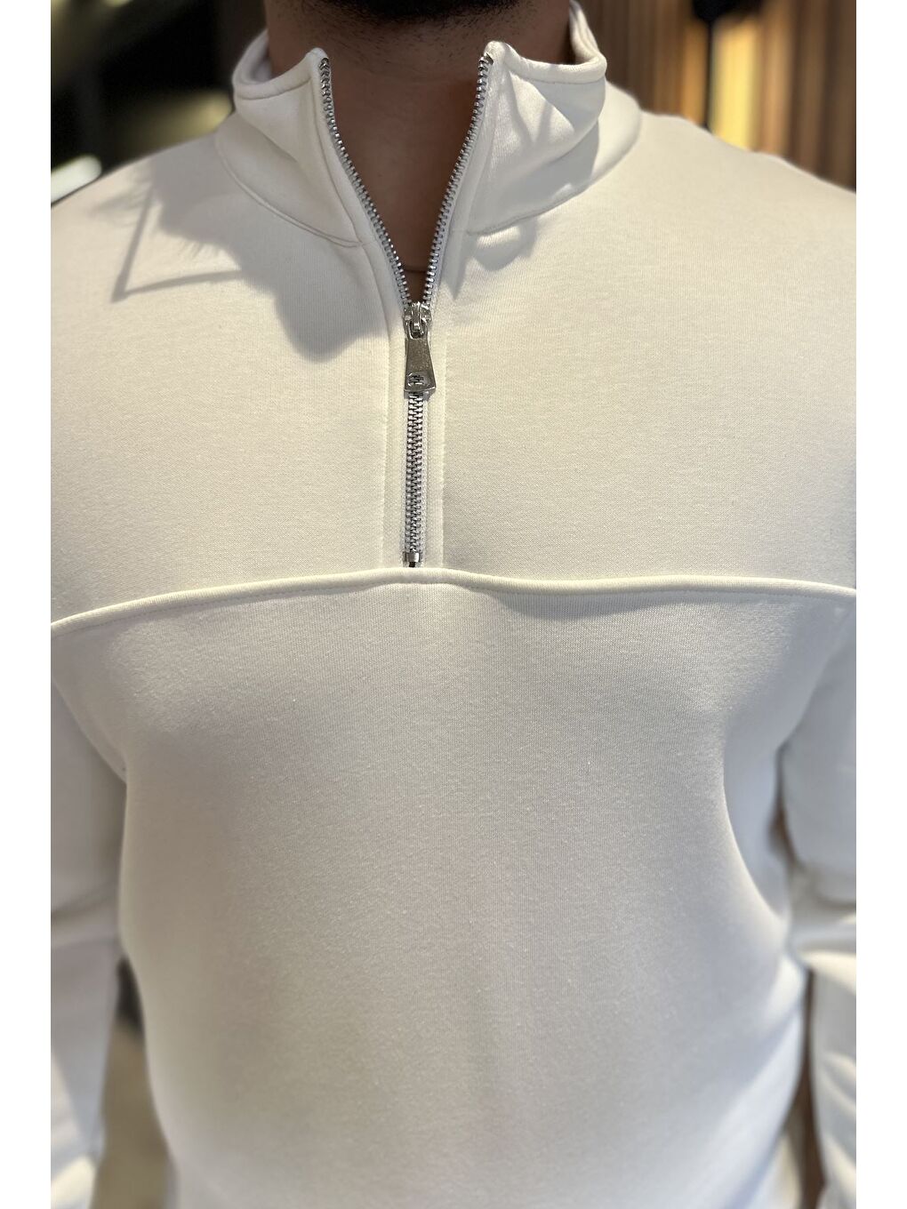 Ekru Erkek Dik Yaka Yarım Fermuarlı Üç İplik Şardonlu Sweatshirt-3