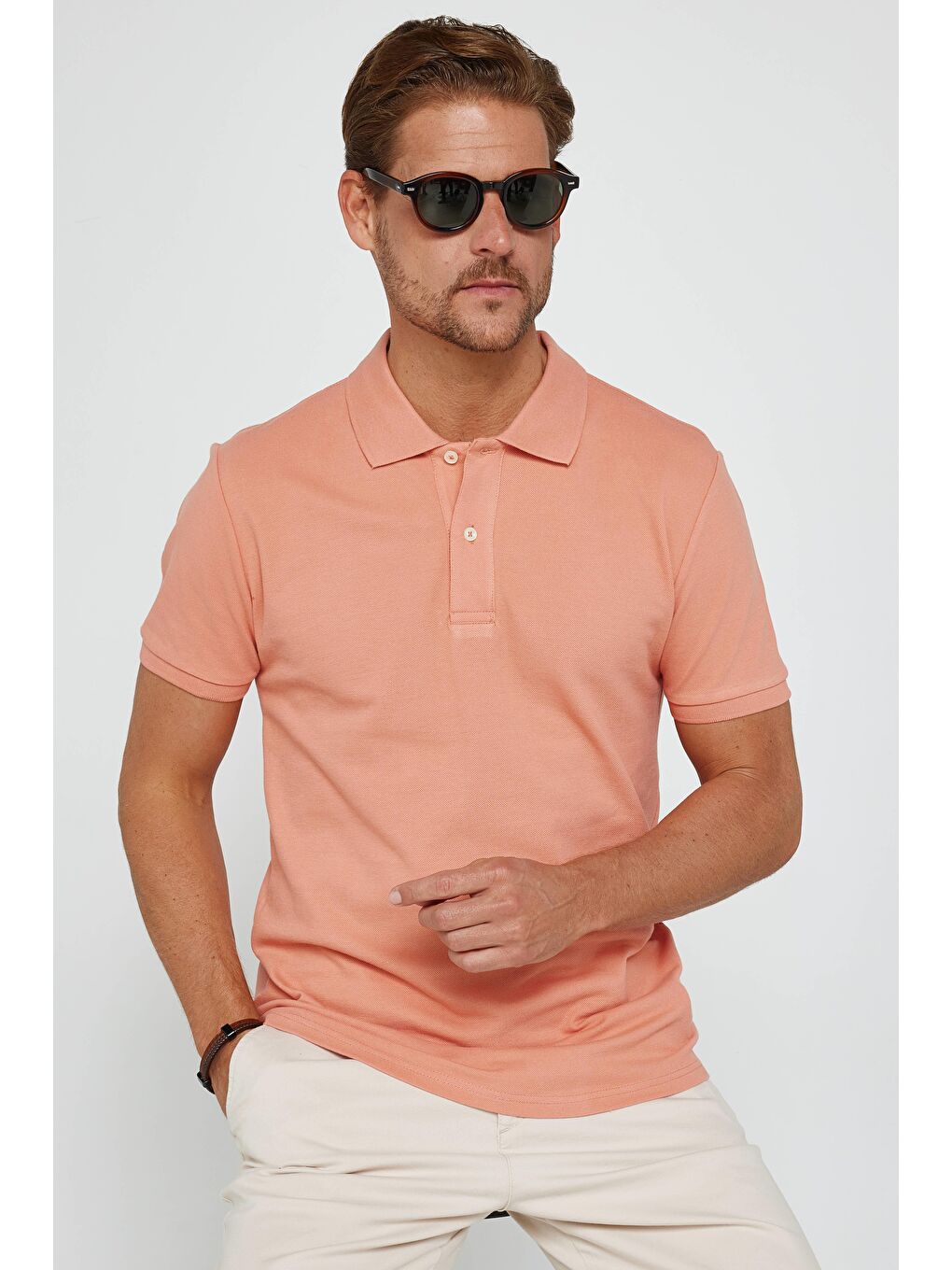 Erkek Slim Fit Dar Kesim %100 Pamuk Düz Pike Mercan Polo Yaka Tişört