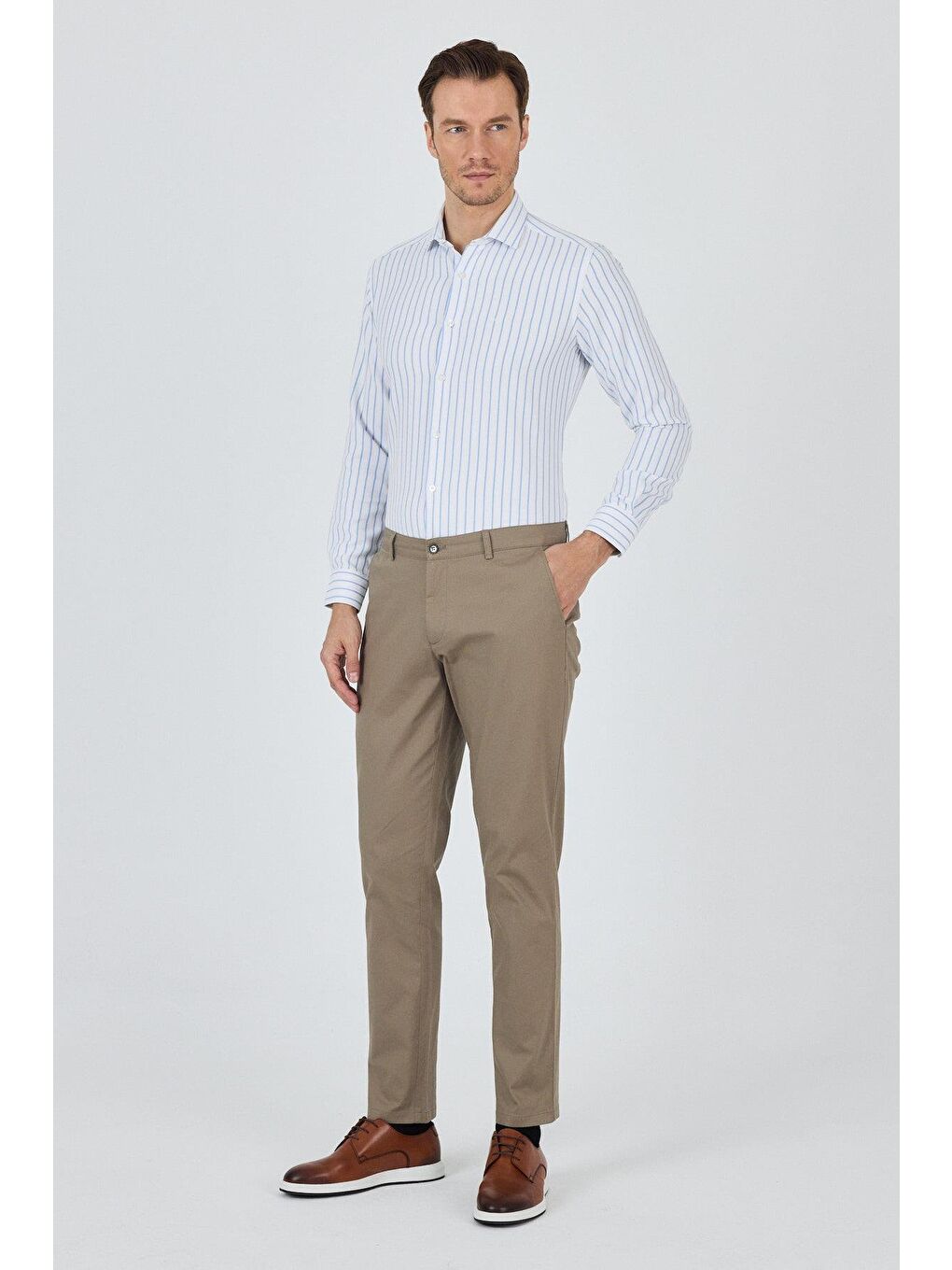 Kahverengi Koyu Vizon Gabardin Yan Cep Düz Paça Comfort Fit Pamuklu Casual Chino Pantolon 1003250121-1