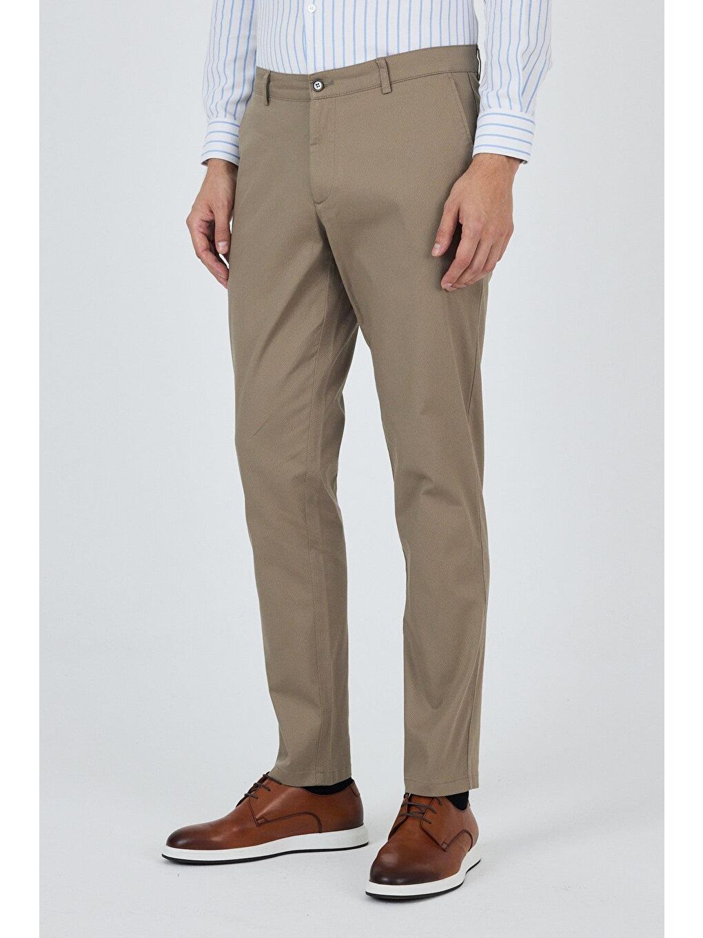 Kahverengi Koyu Vizon Gabardin Yan Cep Düz Paça Comfort Fit Pamuklu Casual Chino Pantolon 1003250121-2