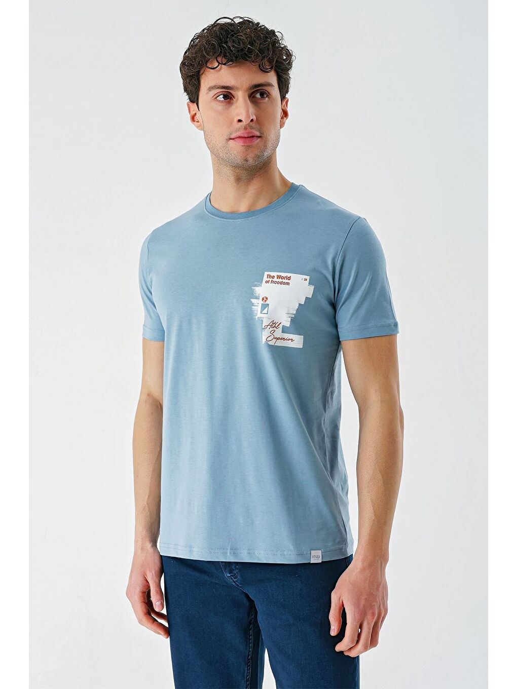 Koyu Mavi Baskılı Bez Ayağı Bisiklet Yaka %100 Pamuk Casual Slim Fit Dar Kesim Tişört 1011240166