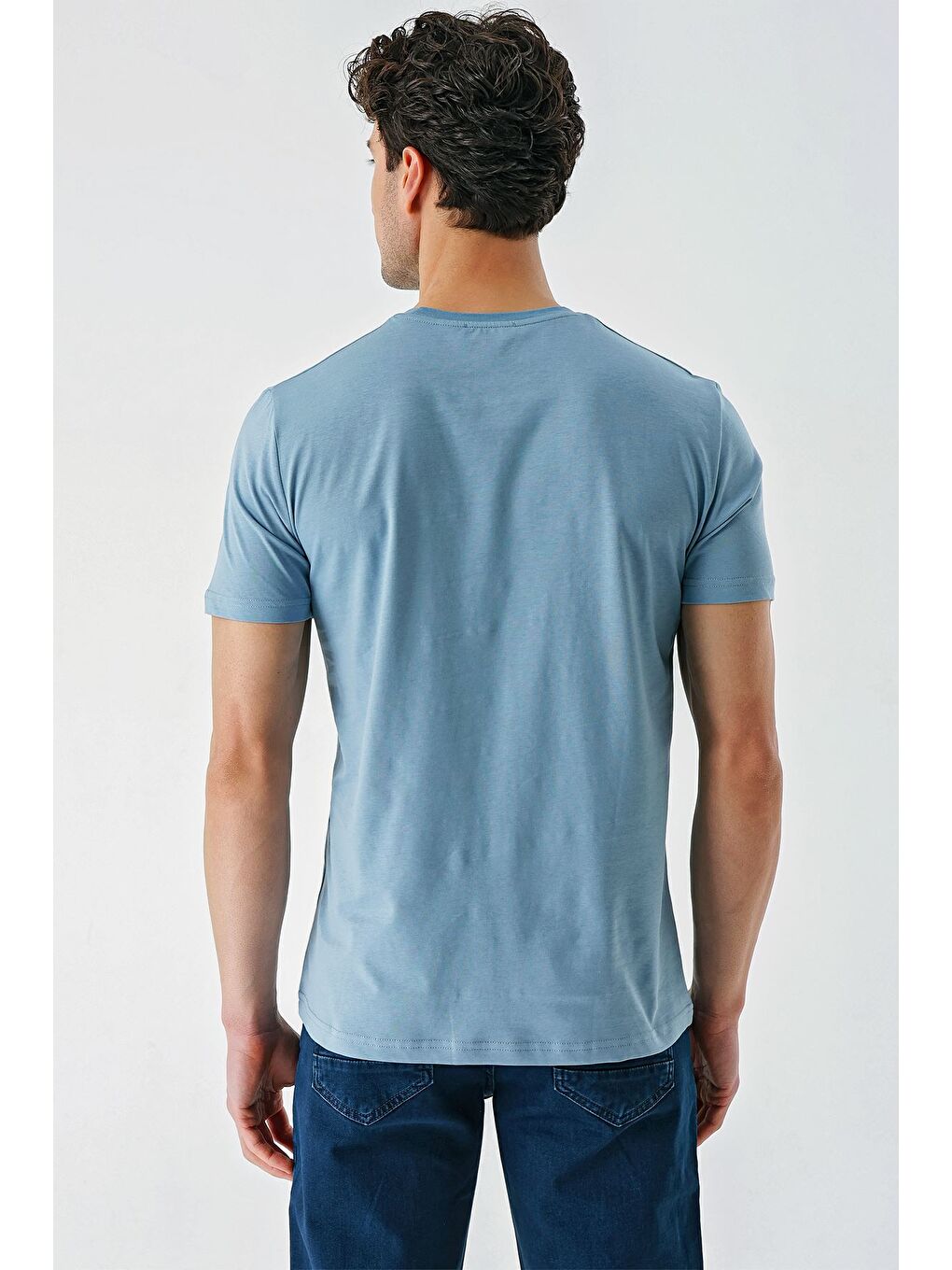 Koyu Mavi Baskılı Bez Ayağı Bisiklet Yaka %100 Pamuk Casual Slim Fit Dar Kesim Tişört 1011240166-1