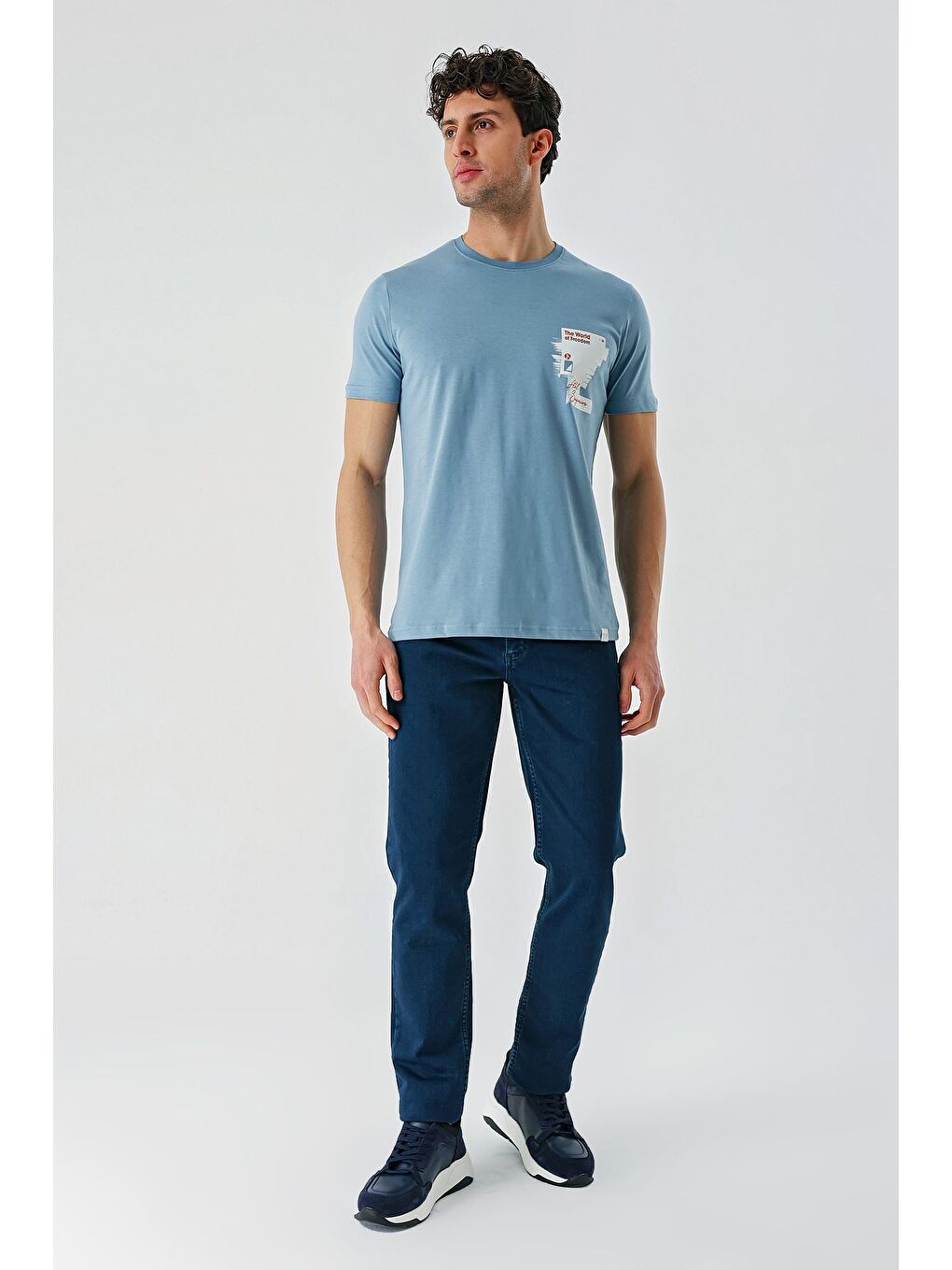 Koyu Mavi Baskılı Bez Ayağı Bisiklet Yaka %100 Pamuk Casual Slim Fit Dar Kesim Tişört 1011240166-5