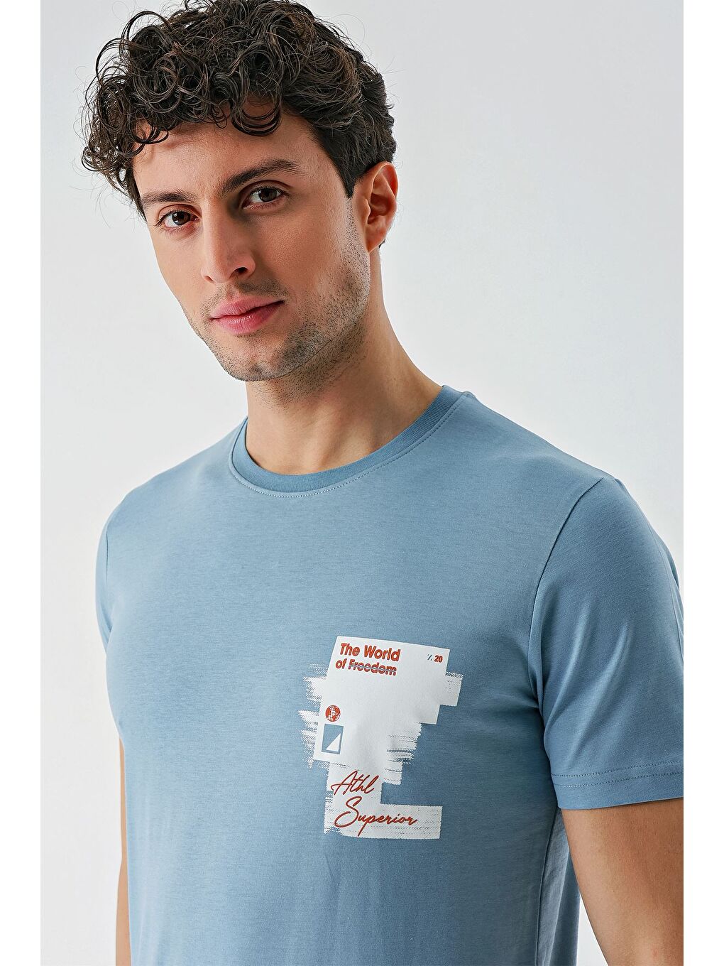 Koyu Mavi Baskılı Bez Ayağı Bisiklet Yaka %100 Pamuk Casual Slim Fit Dar Kesim Tişört 1011240166-6