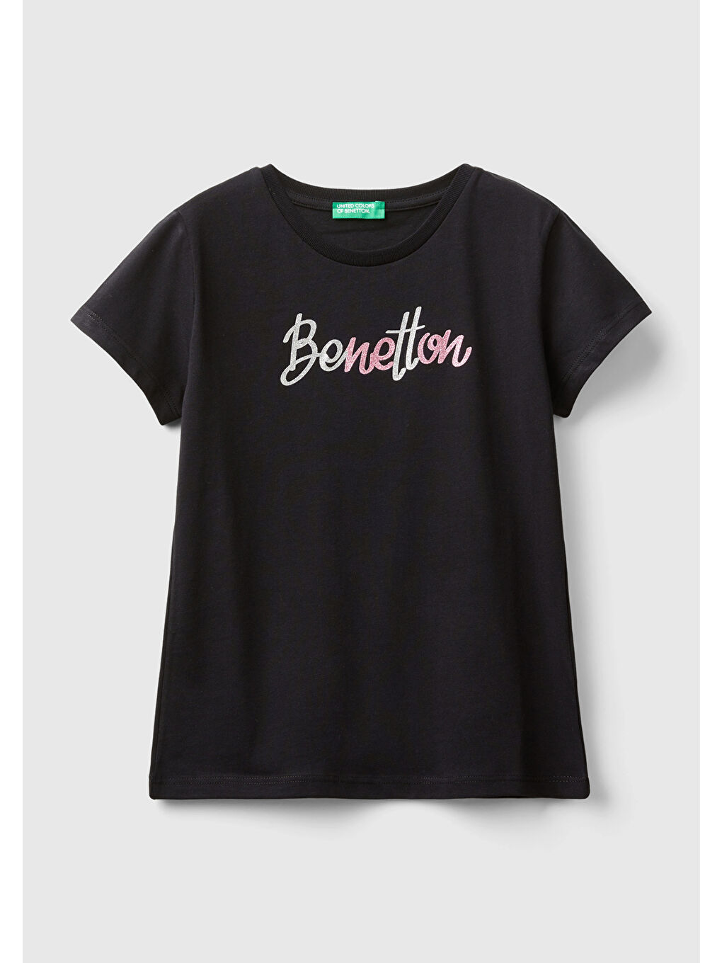 United Colors Of Benetton Siyah Kız Çocuk Siyah Önü Parlak Logo Baskılı Bisiklet Yaka Kısa Kollu T-Shirt