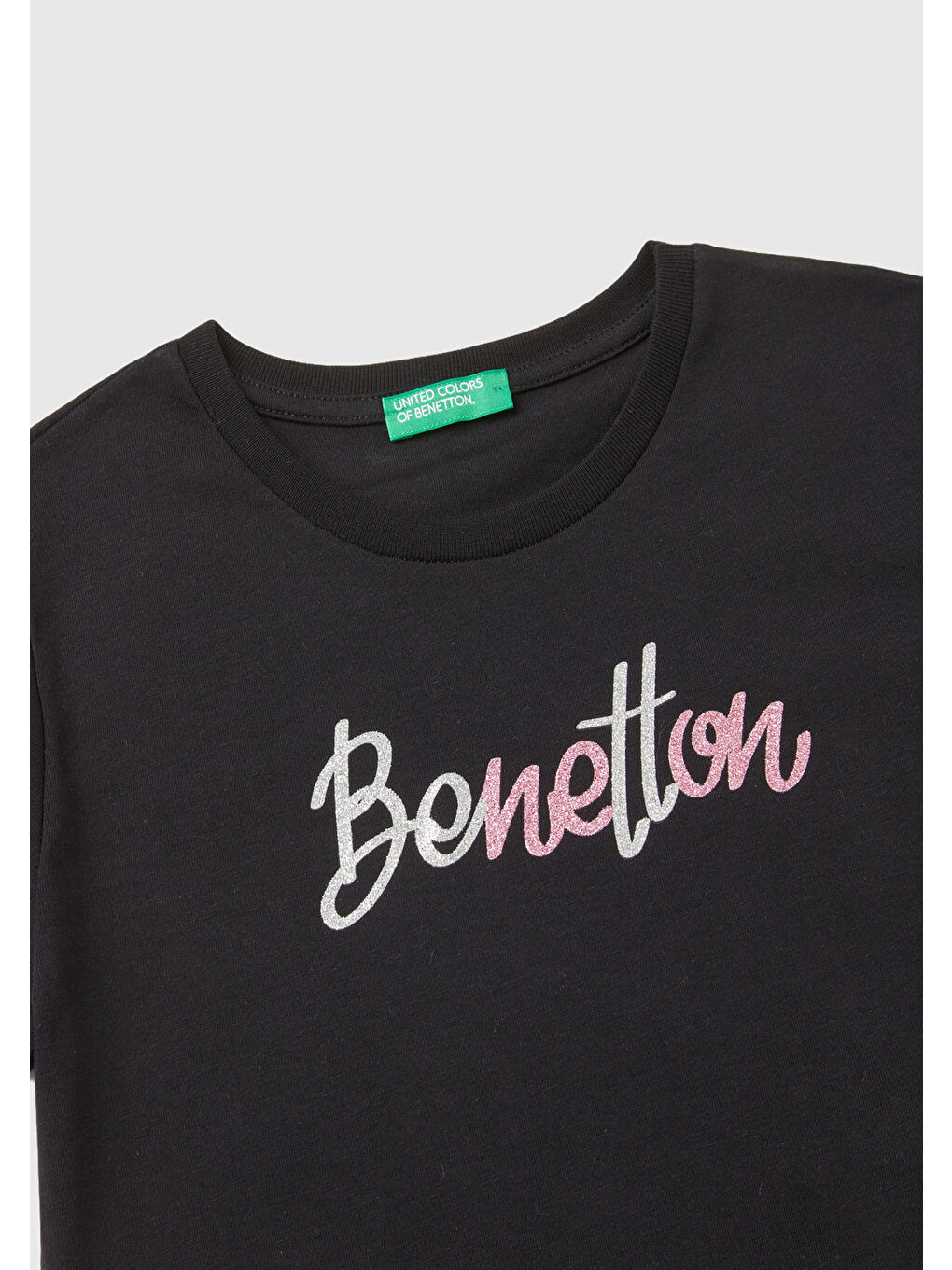 United Colors Of Benetton Siyah Kız Çocuk Siyah Önü Parlak Logo Baskılı Bisiklet Yaka Kısa Kollu T-Shirt - 2