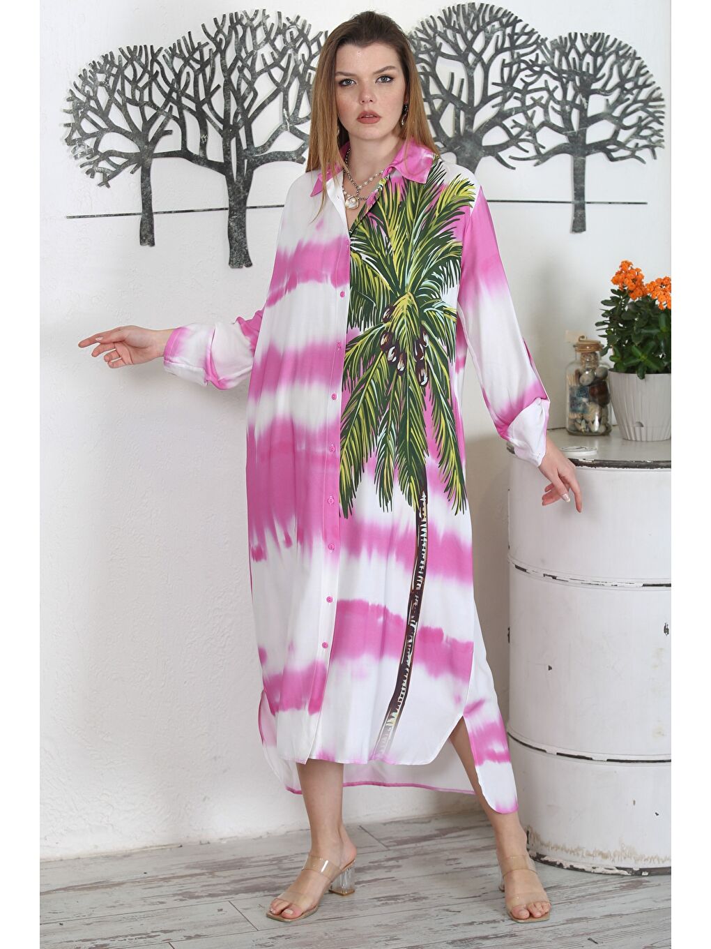 Pembe Gömlek Yaka Düğmeli Uzun Kollu Gizli Cepli Baskılı Casual Dokuma Elbise