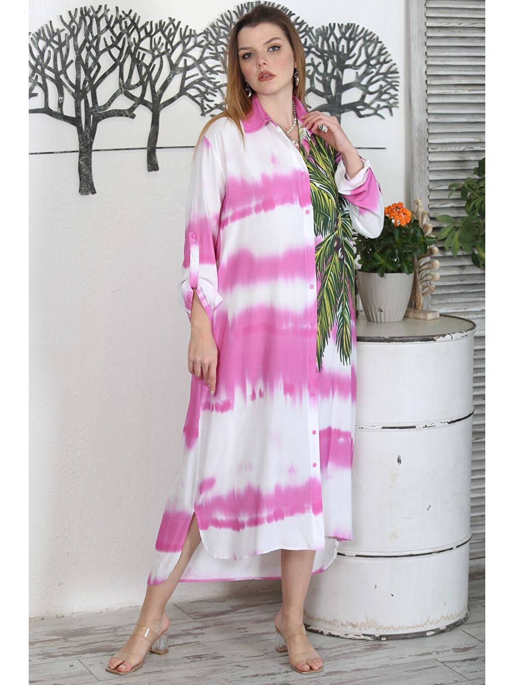 Pembe Gömlek Yaka Düğmeli Uzun Kollu Gizli Cepli Baskılı Casual Dokuma Elbise-2