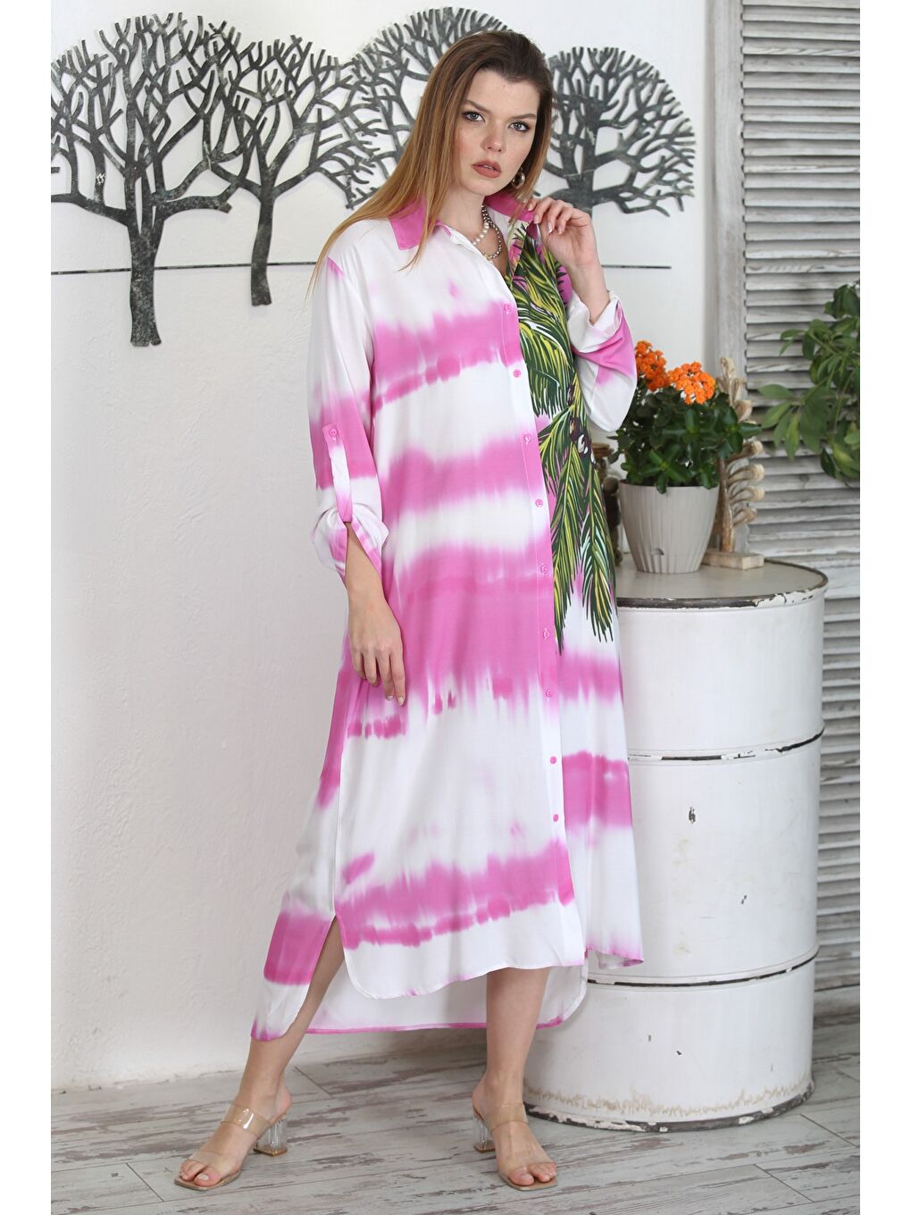 Pembe Gömlek Yaka Düğmeli Uzun Kollu Gizli Cepli Baskılı Casual Dokuma Elbise-3