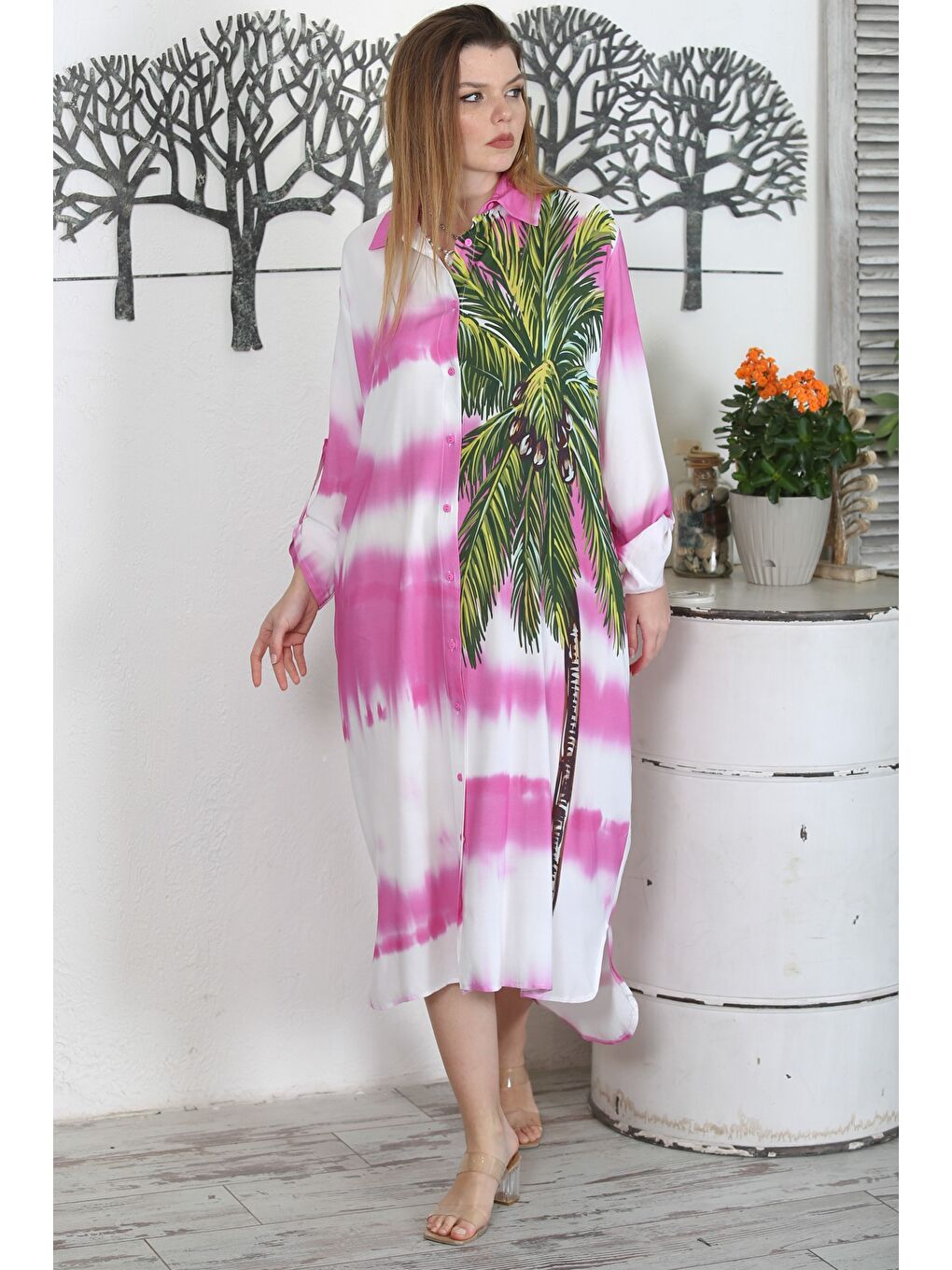 Pembe Gömlek Yaka Düğmeli Uzun Kollu Gizli Cepli Baskılı Casual Dokuma Elbise-5