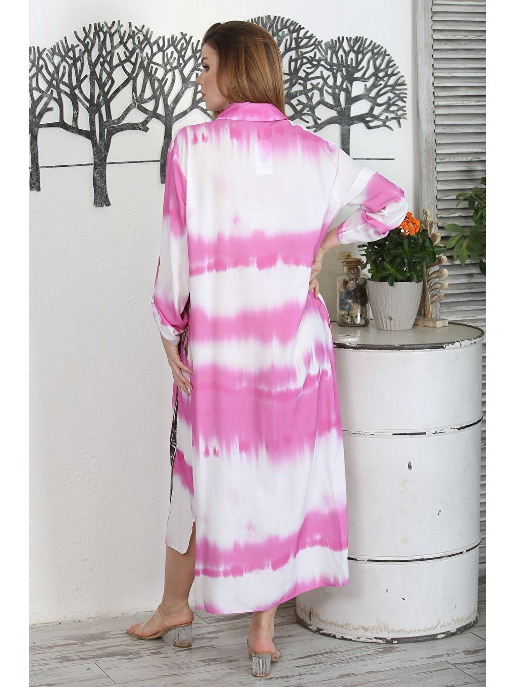 Pembe Gömlek Yaka Düğmeli Uzun Kollu Gizli Cepli Baskılı Casual Dokuma Elbise-6