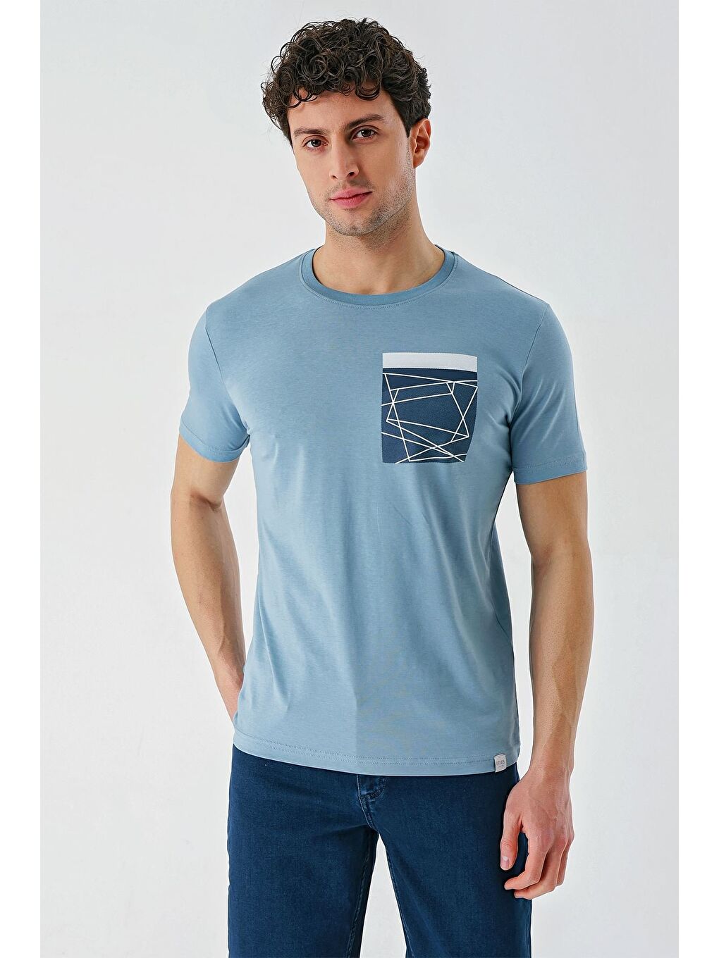 Koyu Mavi Baskılı Bez Ayağı Bisiklet Yaka %100 Pamuk Casual Slim Fit Dar Kesim Tişört 1011240169-1