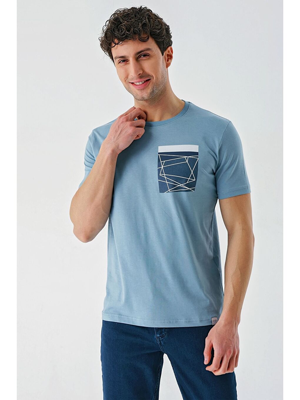 Koyu Mavi Baskılı Bez Ayağı Bisiklet Yaka %100 Pamuk Casual Slim Fit Dar Kesim Tişört 1011240169-2