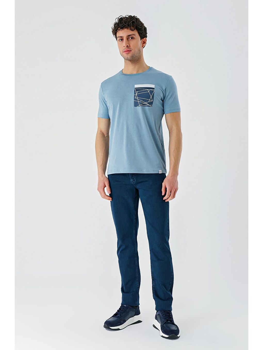 Koyu Mavi Baskılı Bez Ayağı Bisiklet Yaka %100 Pamuk Casual Slim Fit Dar Kesim Tişört 1011240169-3