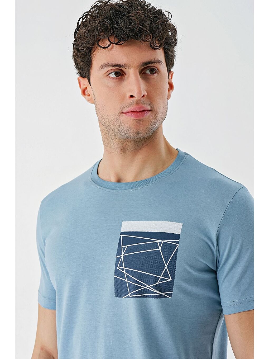 Koyu Mavi Baskılı Bez Ayağı Bisiklet Yaka %100 Pamuk Casual Slim Fit Dar Kesim Tişört 1011240169-5