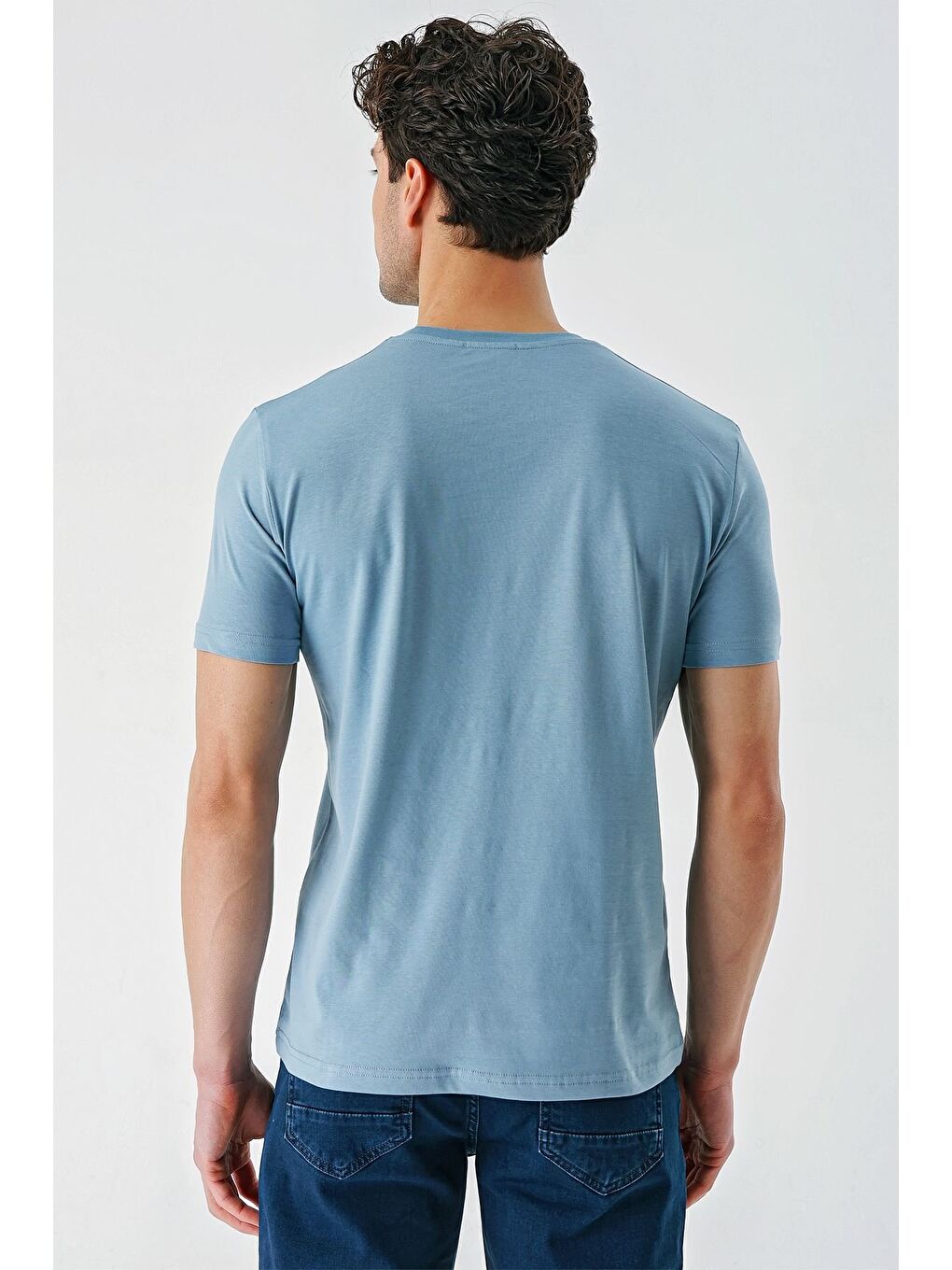 Koyu Mavi Baskılı Bez Ayağı Bisiklet Yaka %100 Pamuk Casual Slim Fit Dar Kesim Tişört 1011240169-6