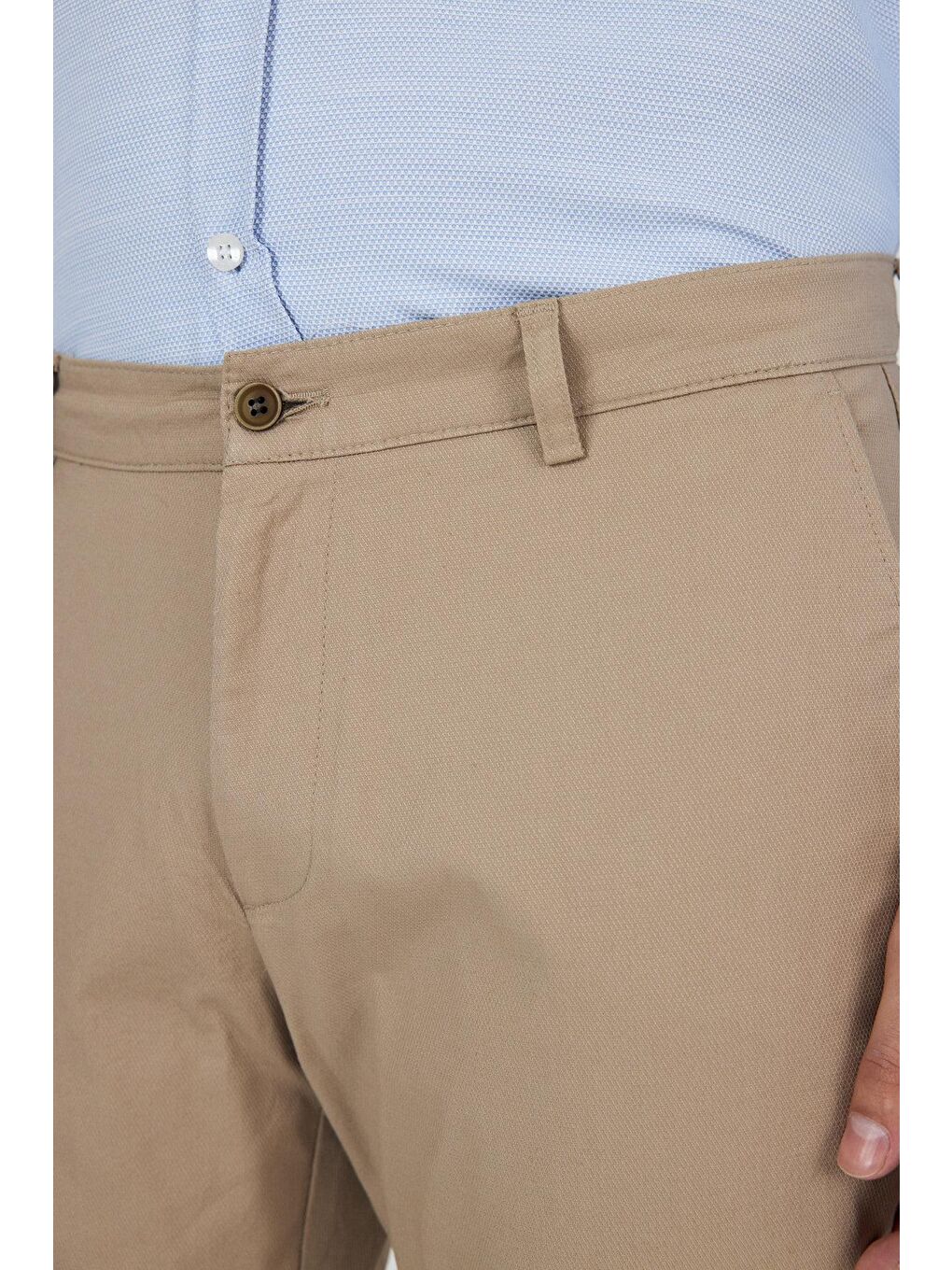 Bej Armürlü Yan Cep Düz Paça Slim Fit Pamuklu Casual Chino Pantolon 1003250120-3