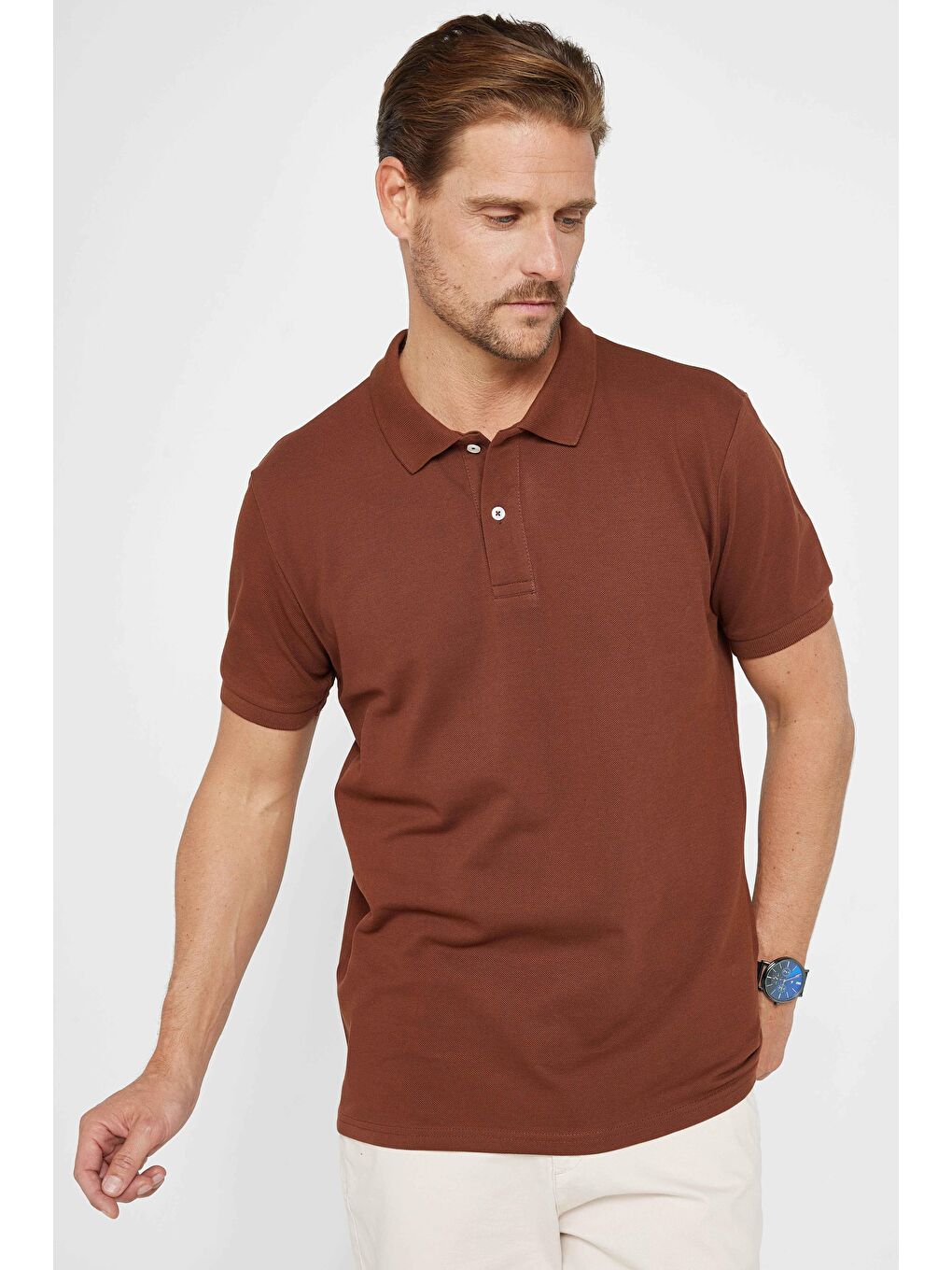 Erkek Klasik Fit Rahat Kesim %100 Pamuk Düz Pike Kahverengi Polo Yaka Tişört